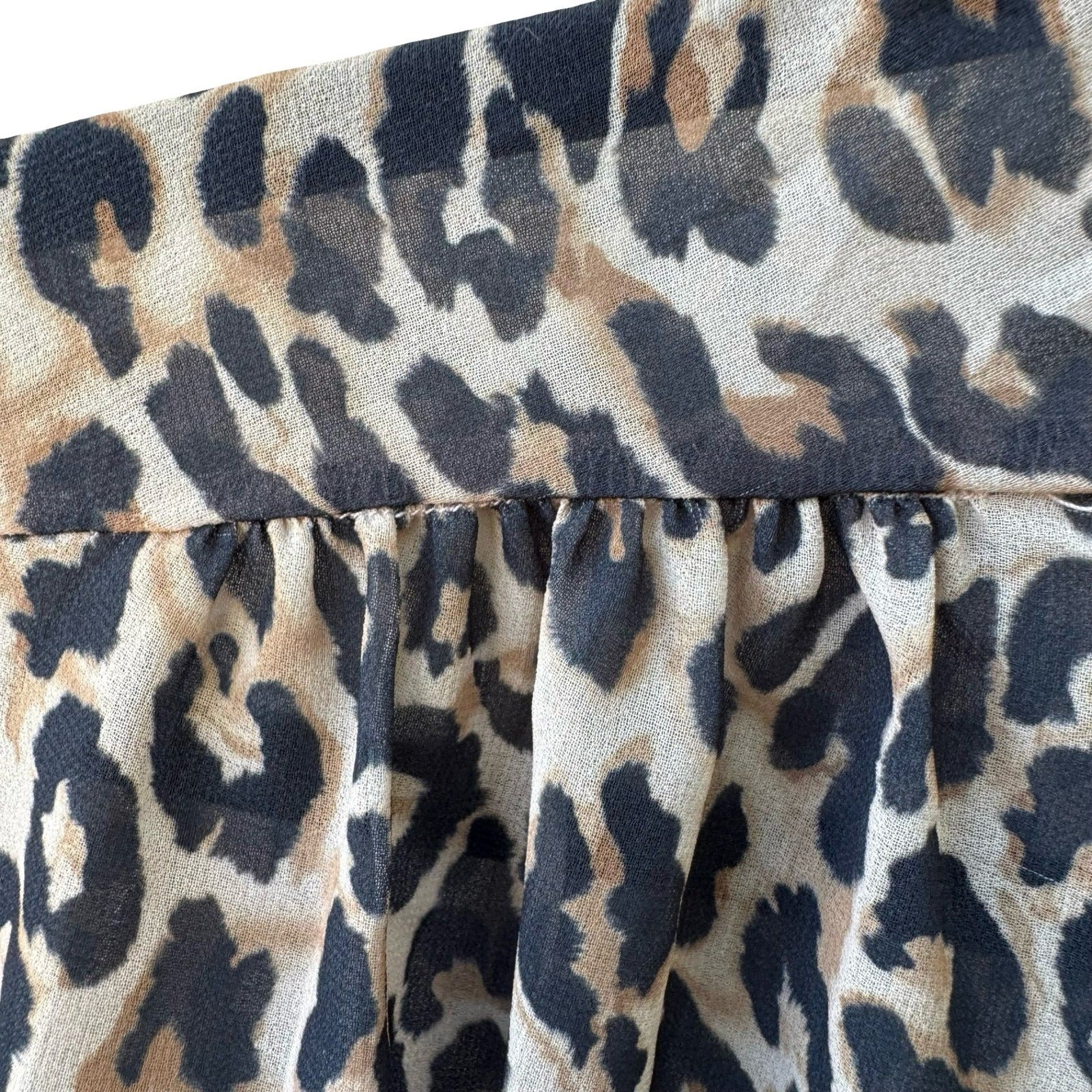 Sweet Pea NY Co Sheer Edgy Leopard Print Mob Wife Blouson Bow Blouse Brown S