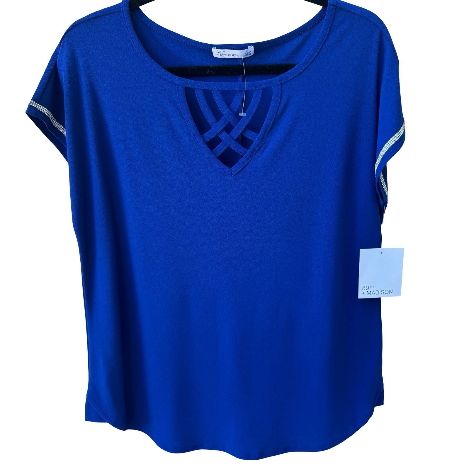 89th + Madison Glam Party Electric Blue Lattice Cutout Rhinestone Trim Top L NEW