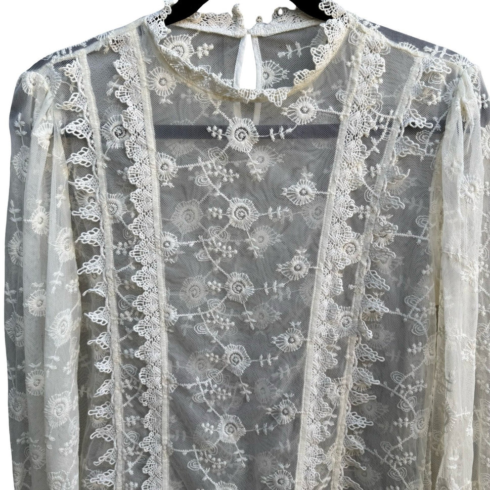 Forever 21 Coquette Sheer Floral Lace Mesh Victorian Dainty Boho Bridal Blouse S