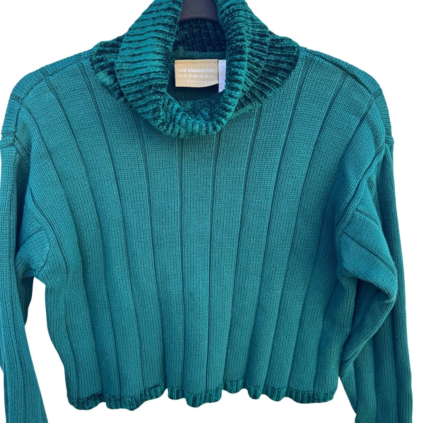 Liz Claiborne Lizwear Cropped Green Ribbed Turtleneck Sweater Chenille Womens S