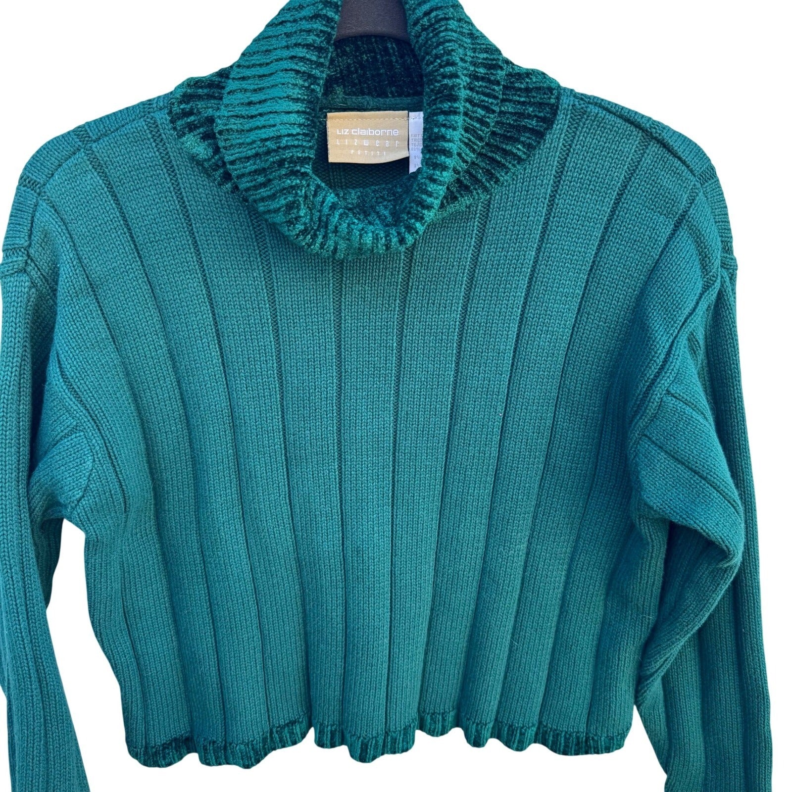 Liz Claiborne Lizwear Cropped Green Ribbed Turtleneck Sweater Chenille Womens S