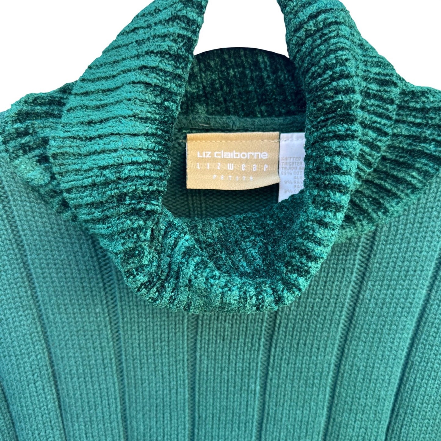 Liz Claiborne Lizwear Cropped Green Ribbed Turtleneck Sweater Chenille Womens S