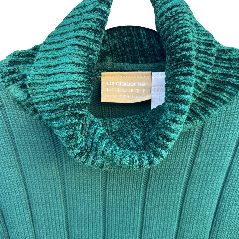 Liz Claiborne Lizwear Cropped Green Ribbed Turtleneck Sweater Chenille Womens S