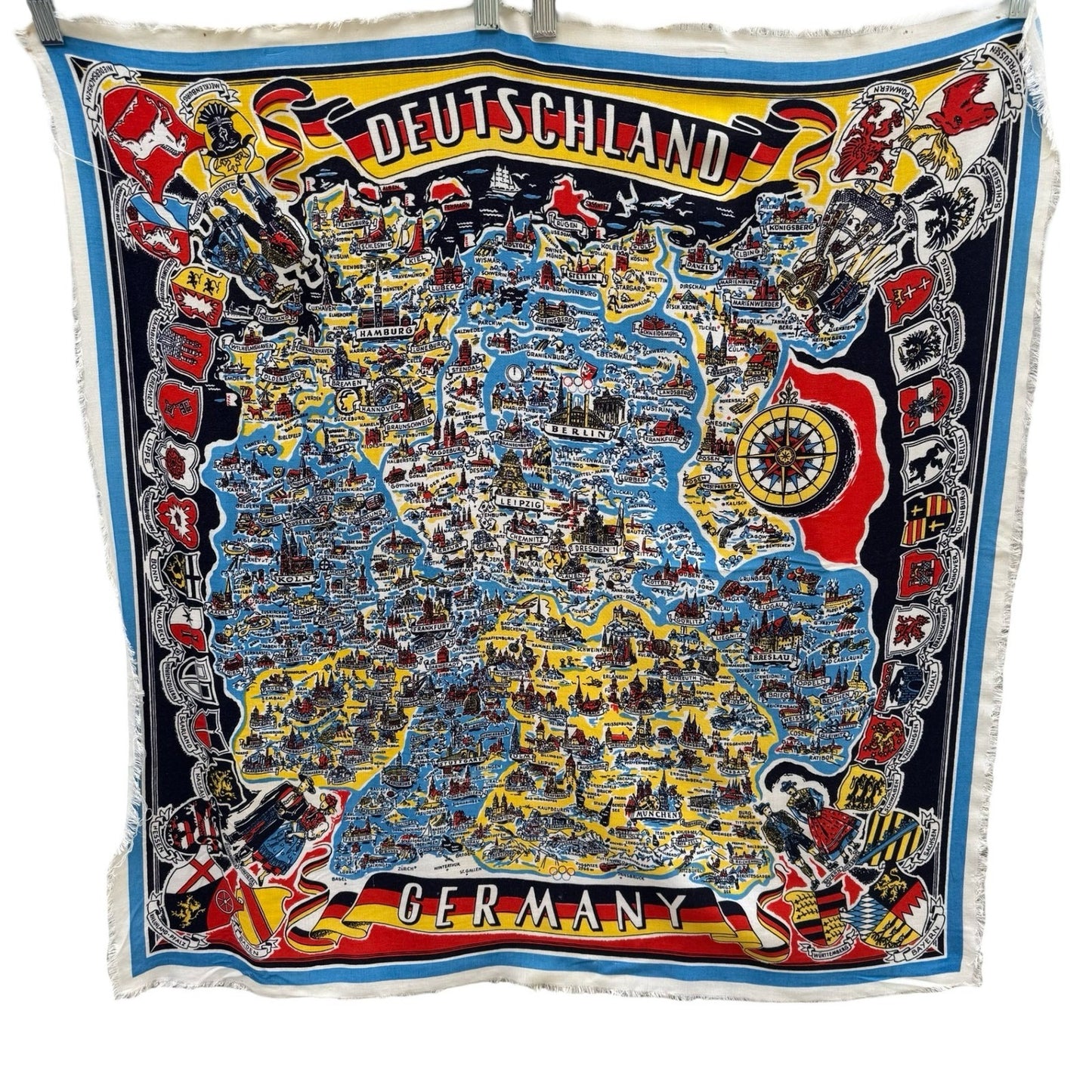 Vintage Deutschland Germany Map Souvenir Scarf Illustrated Heraldic Crests Multi