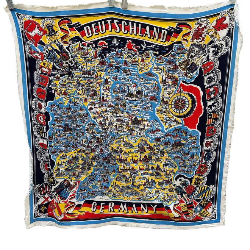 Vintage Deutschland Germany Map Souvenir Scarf Illustrated Heraldic Crests Multi