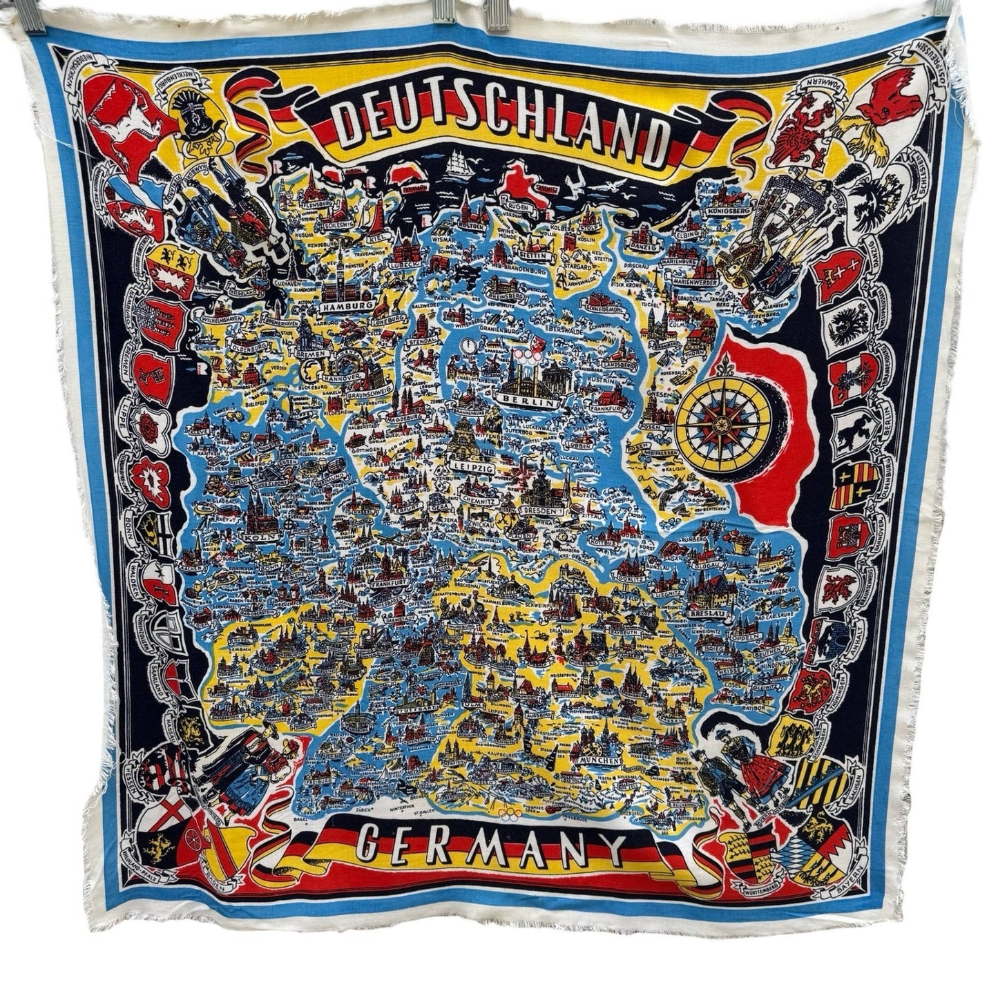 Vintage Deutschland Germany Map Souvenir Scarf Illustrated Heraldic Crests Multi