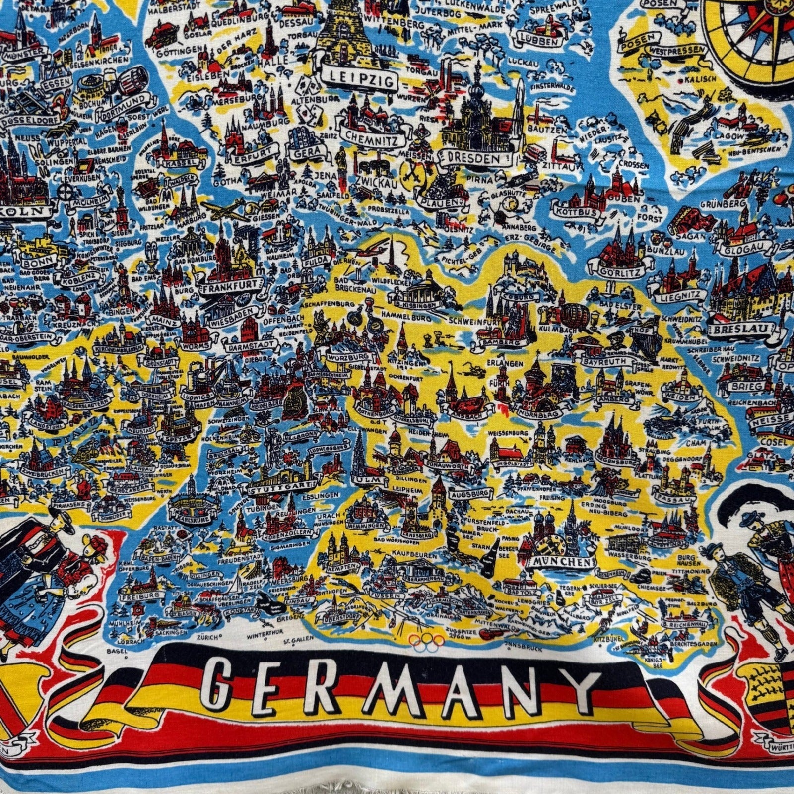 Vintage Deutschland Germany Map Souvenir Scarf Illustrated Heraldic Crests Multi