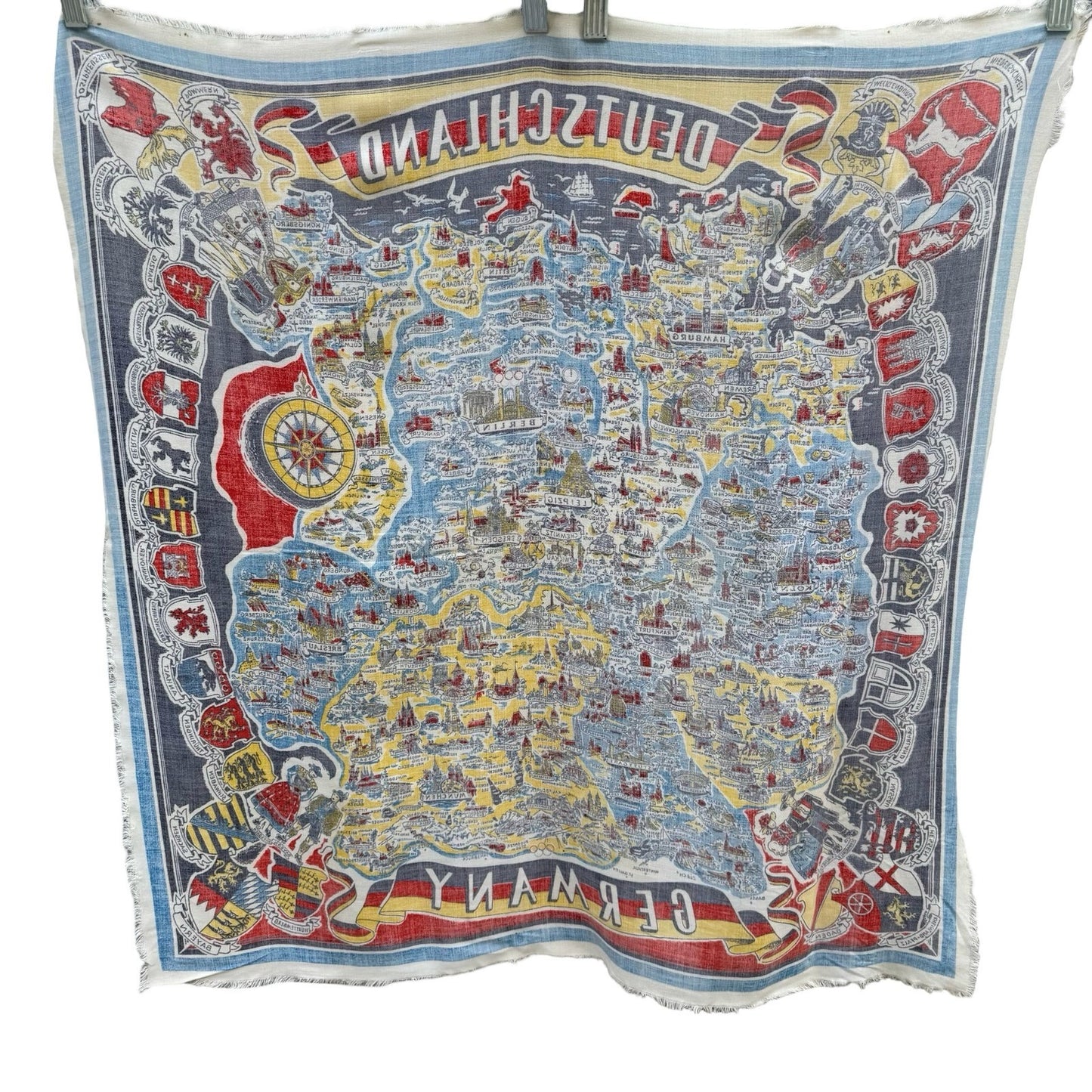 Vintage Deutschland Germany Map Souvenir Scarf Illustrated Heraldic Crests Multi