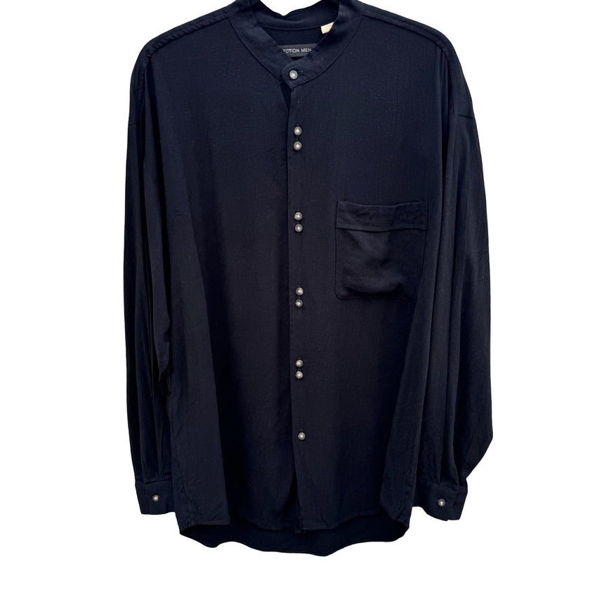 Direction Men Vintage Black Mandarin Collar Button Up Shirt Long Sleeve L USA