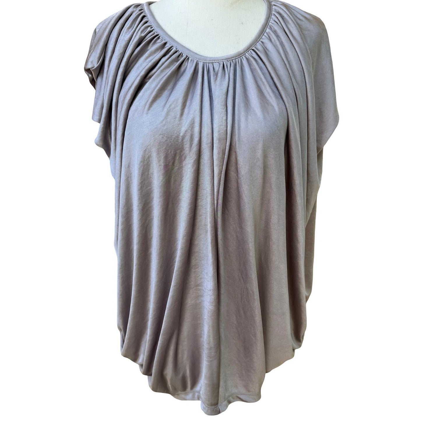 MM Couture Miss Me Draped Cape Back Shimmer Metallic Blouse Scoop Neck Grecian S