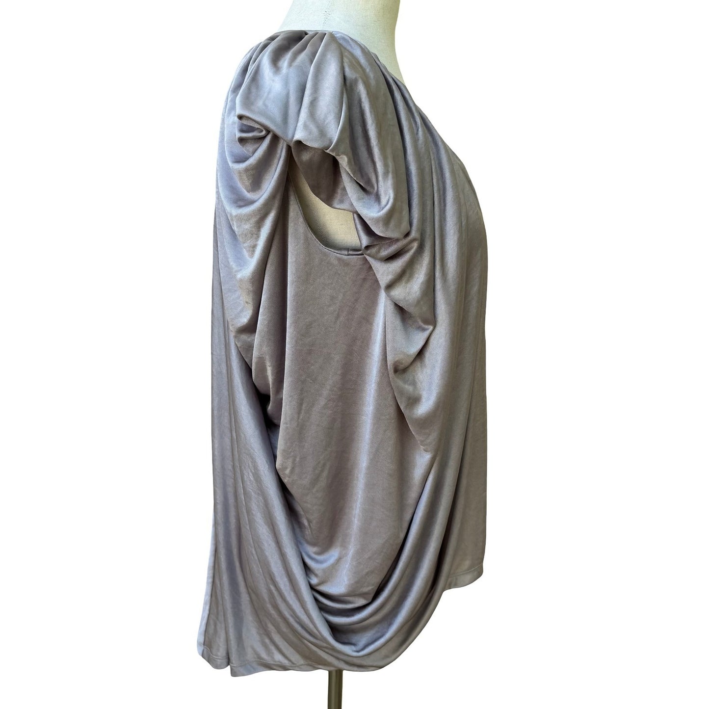 MM Couture Miss Me Draped Cape Back Shimmer Metallic Blouse Scoop Neck Grecian S