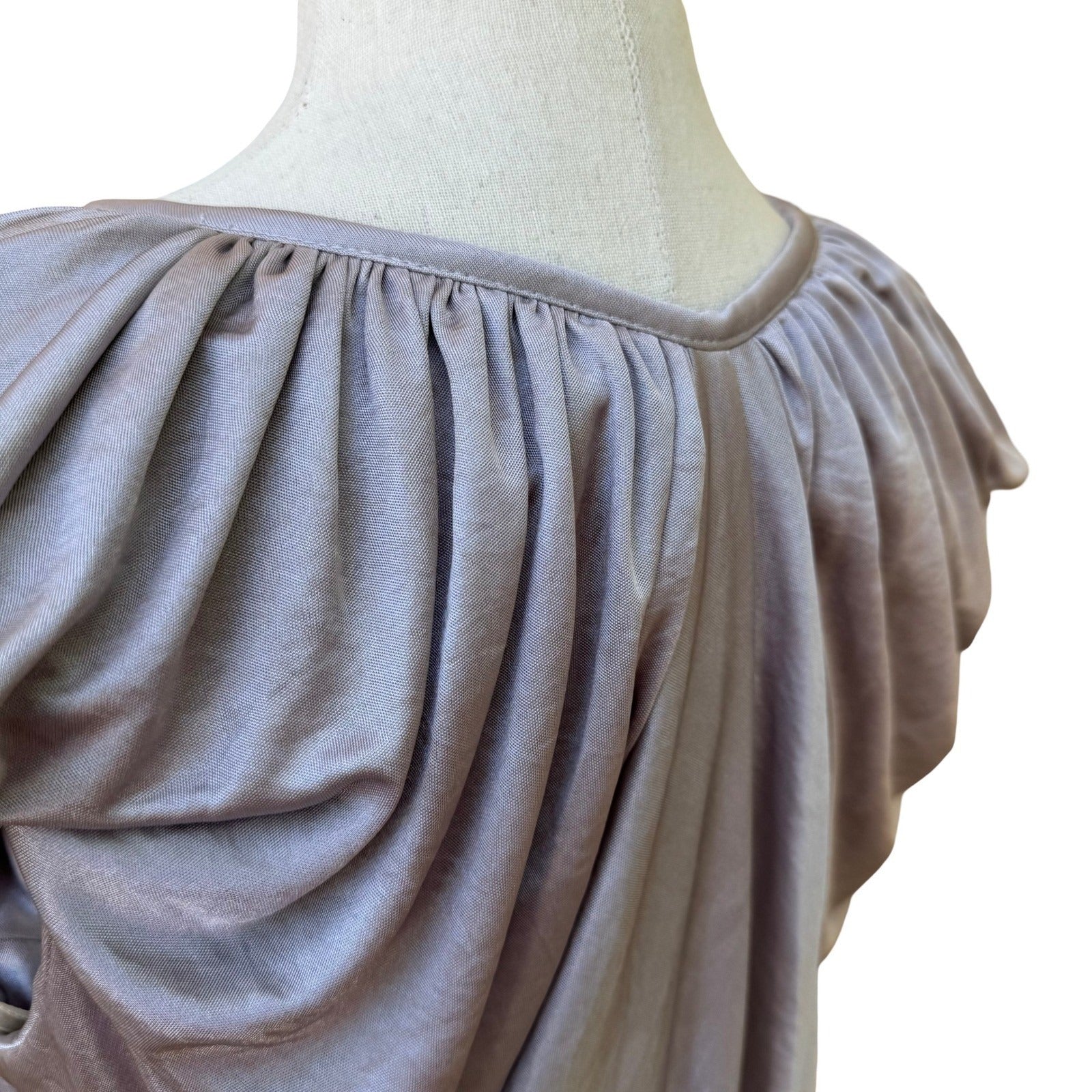 MM Couture Miss Me Draped Cape Back Shimmer Metallic Blouse Scoop Neck Grecian S