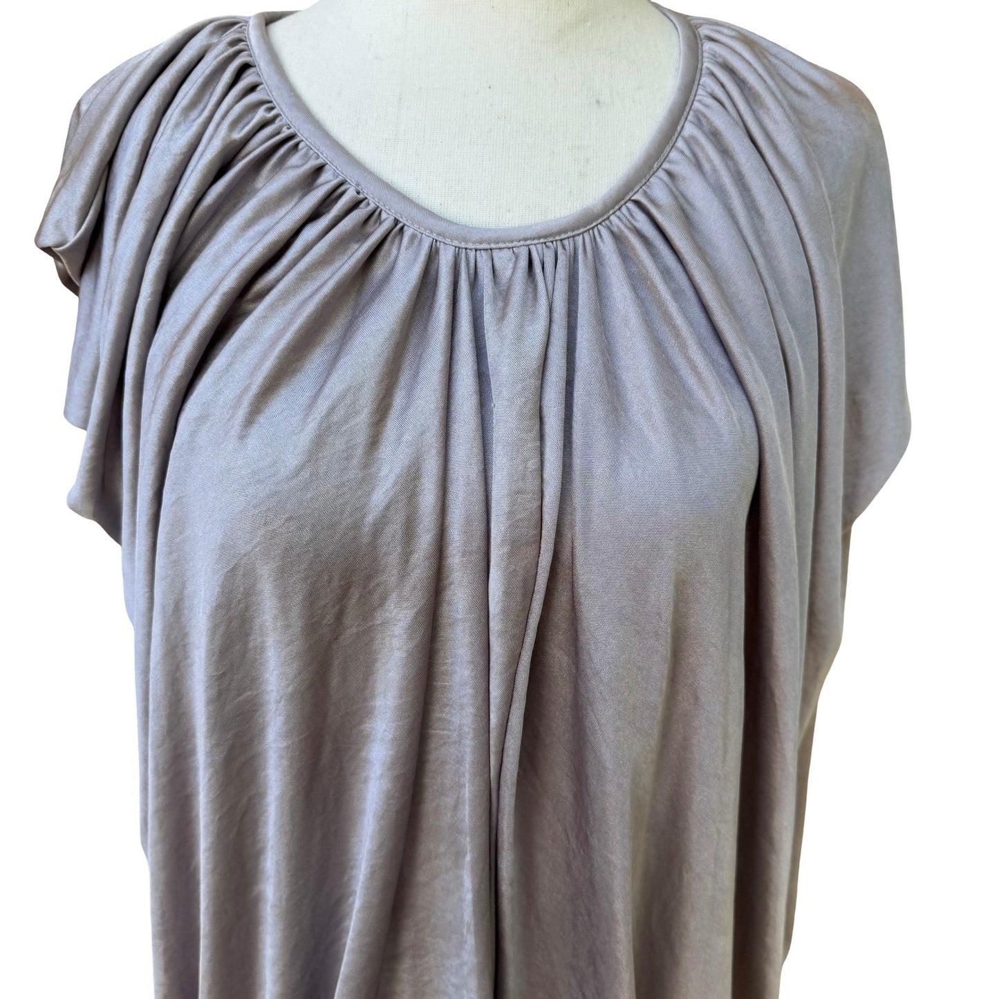 MM Couture Miss Me Draped Cape Back Shimmer Metallic Blouse Scoop Neck Grecian S