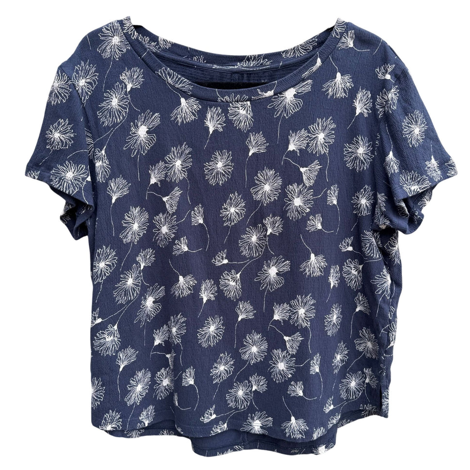 Caslon Womens Navy Short Sleeve Waffle Knit Boat Neck Floral Print Blouse Top S