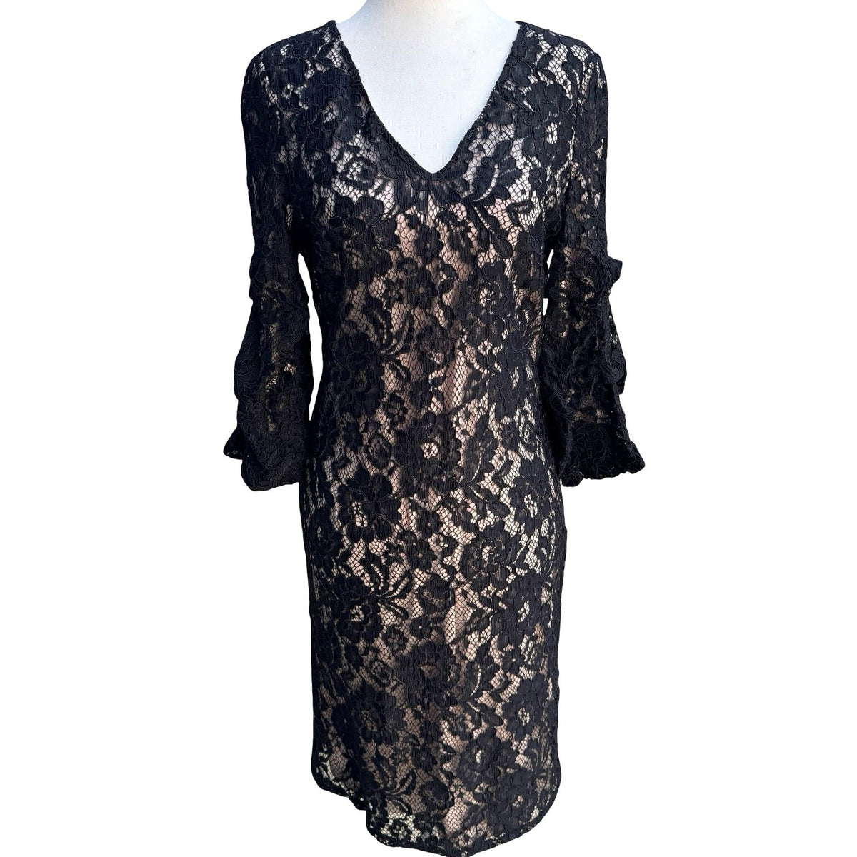 DKNY Coquette Romantic Floral Lace Ruffle Bell Sleeve Sheath Cocktail Dress 6