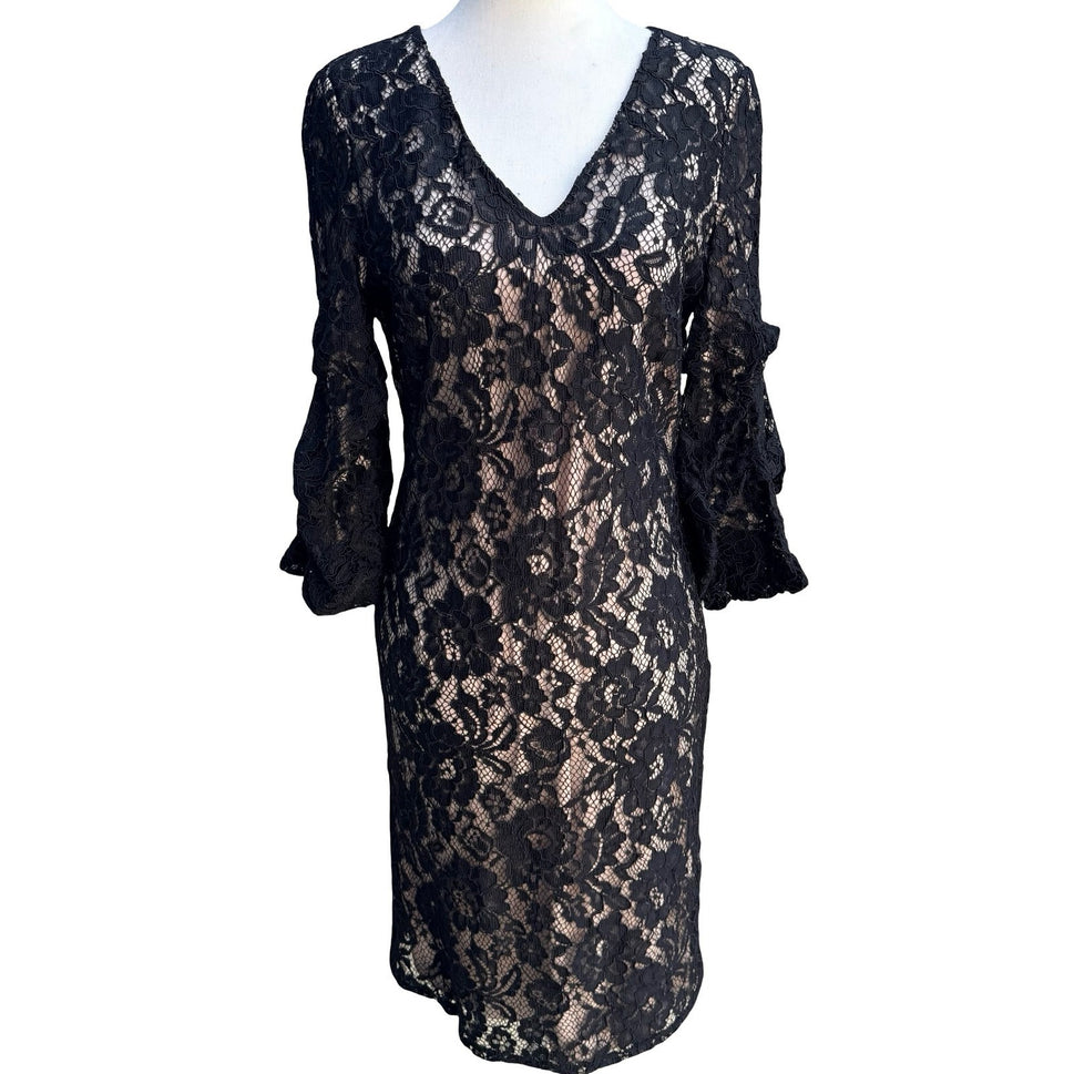DKNY Coquette Romantic Floral Lace Ruffle Bell Sleeve Sheath Cocktail Dress 6
