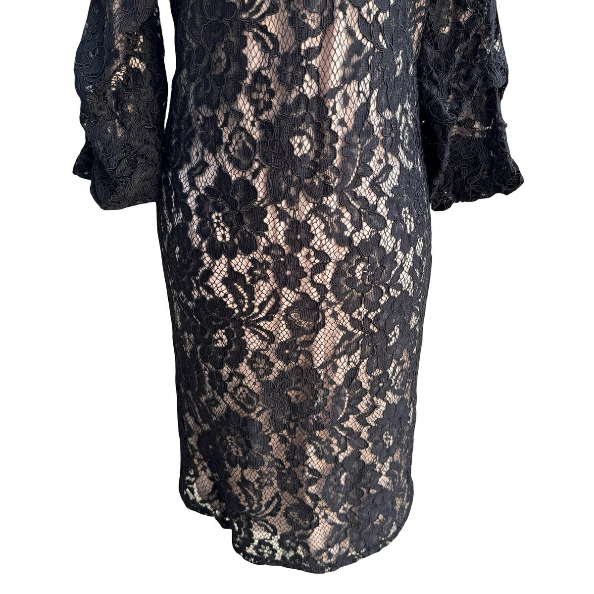 DKNY Coquette Romantic Floral Lace Ruffle Bell Sleeve Sheath Cocktail Dress 6
