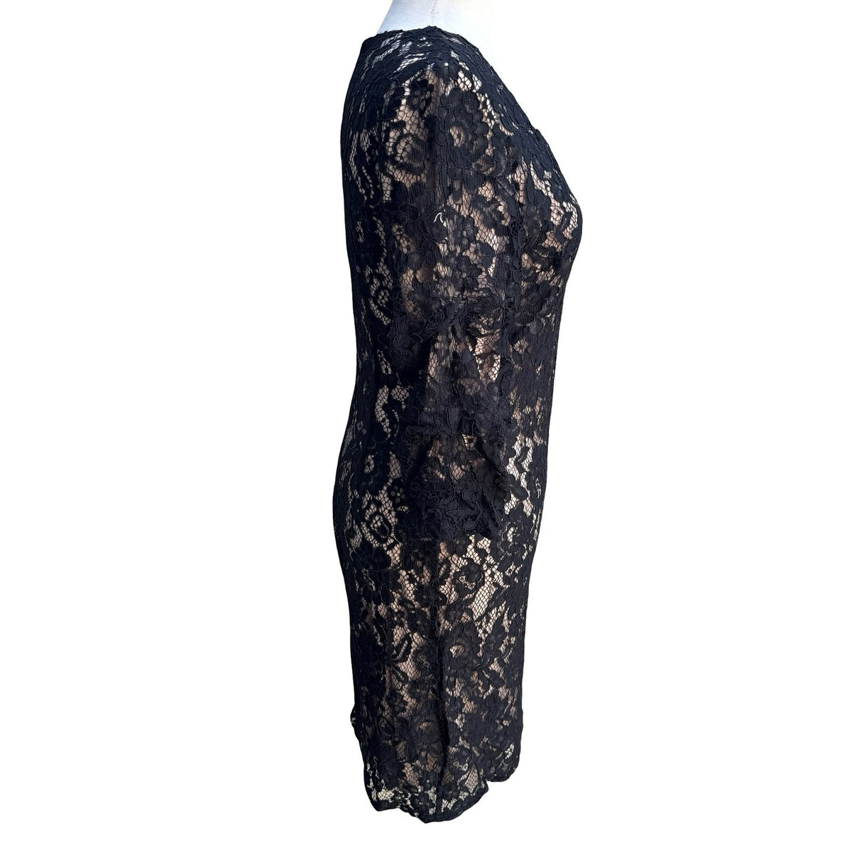DKNY Coquette Romantic Floral Lace Ruffle Bell Sleeve Sheath Cocktail Dress 6