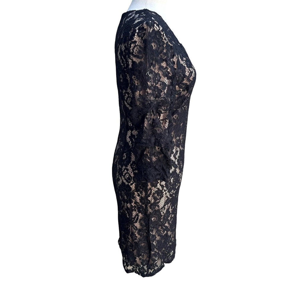 DKNY Coquette Romantic Floral Lace Ruffle Bell Sleeve Sheath Cocktail Dress 6