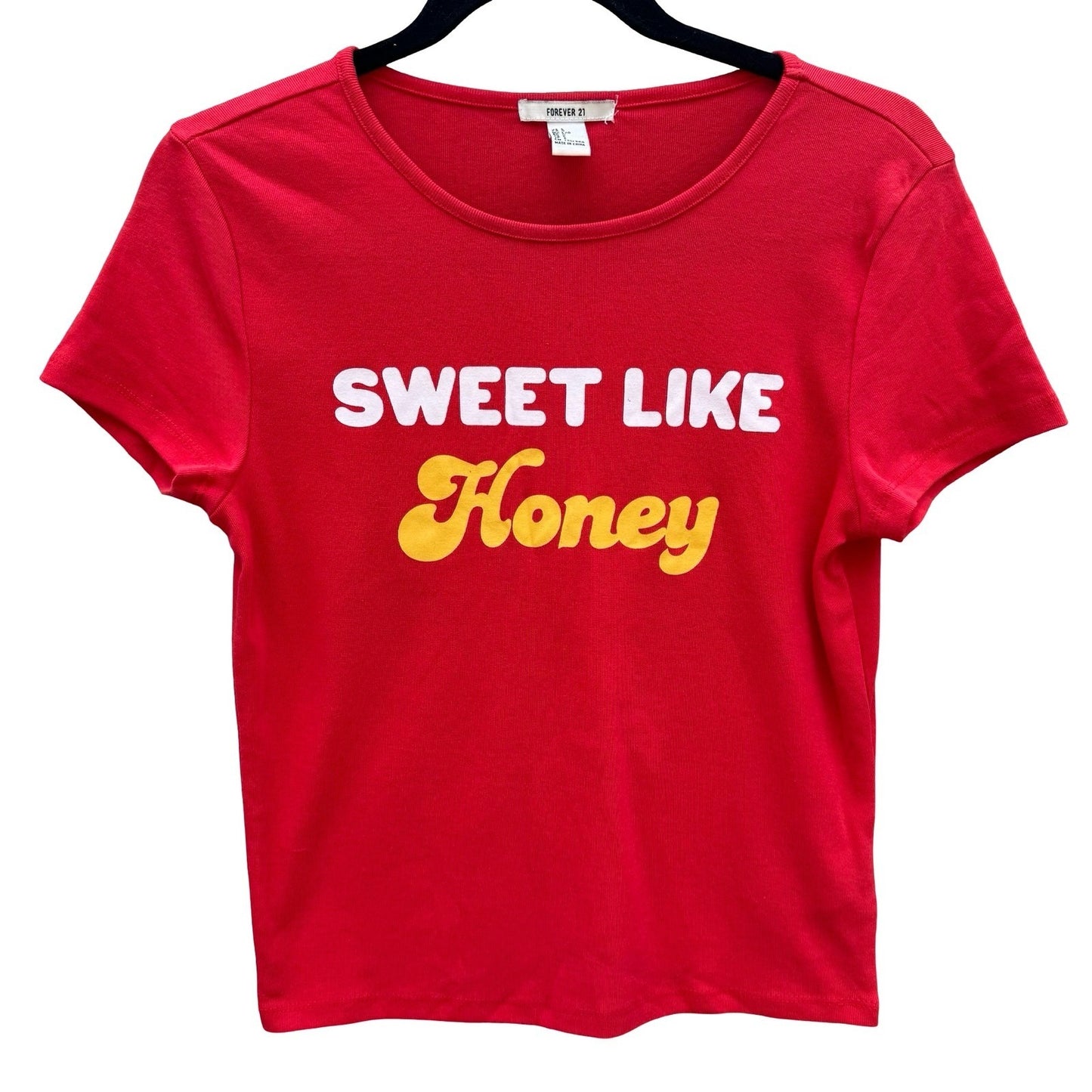 Forever 21 Womens Sweet Like Honey Graphic Babydoll Tee Red Short Sleeve Shirt L