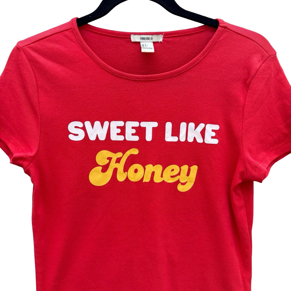 Forever 21 Womens Sweet Like Honey Graphic Babydoll Tee Red Short Sleeve Shirt L