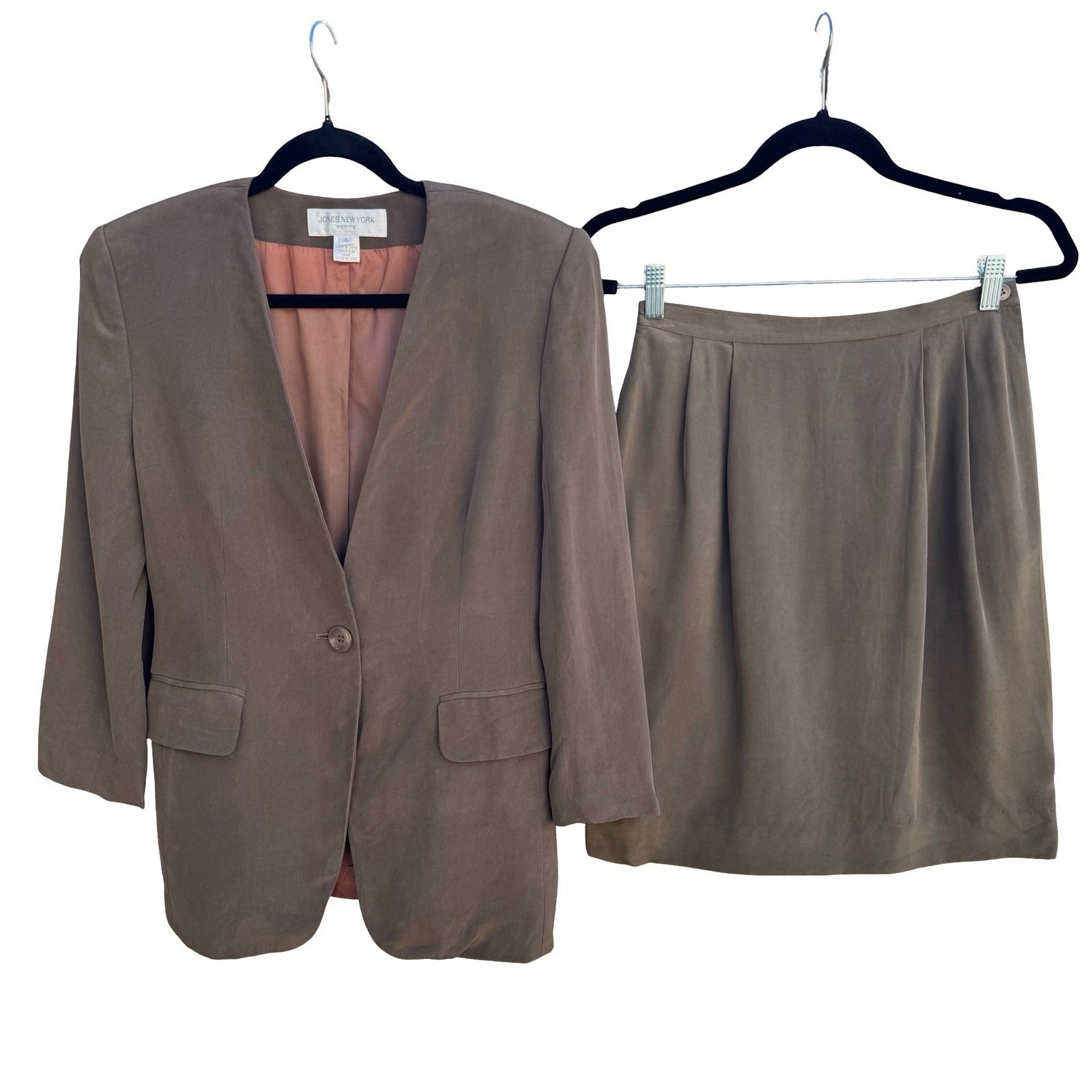 Jones New York Petite 6P Silk Skirt Suit Set Taupe Brown Collarless Blazer Mini
