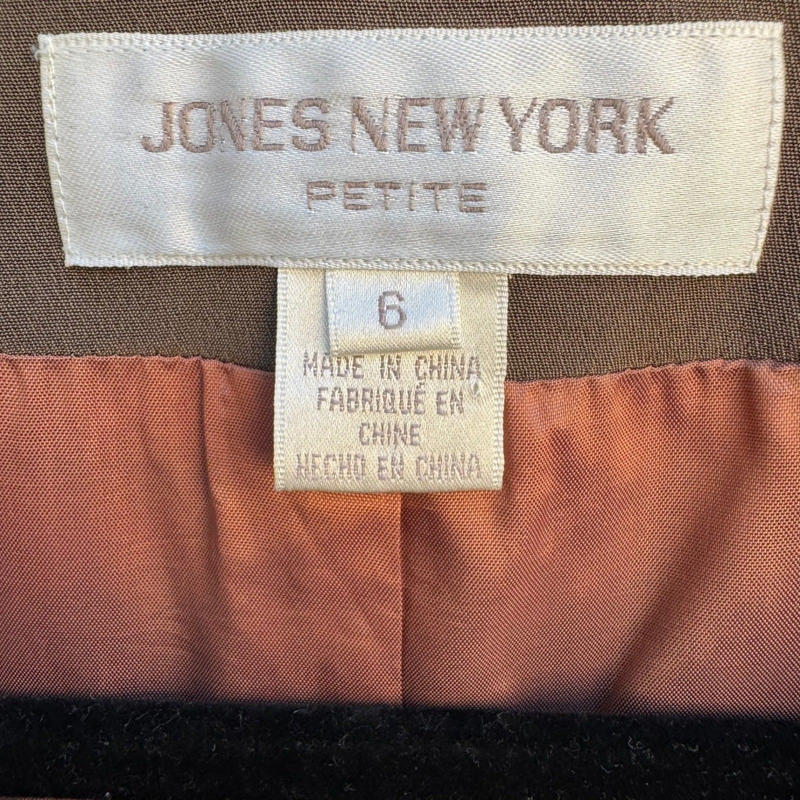 Jones New York Petite 6P Silk Skirt Suit Set Taupe Brown Collarless Blazer Mini