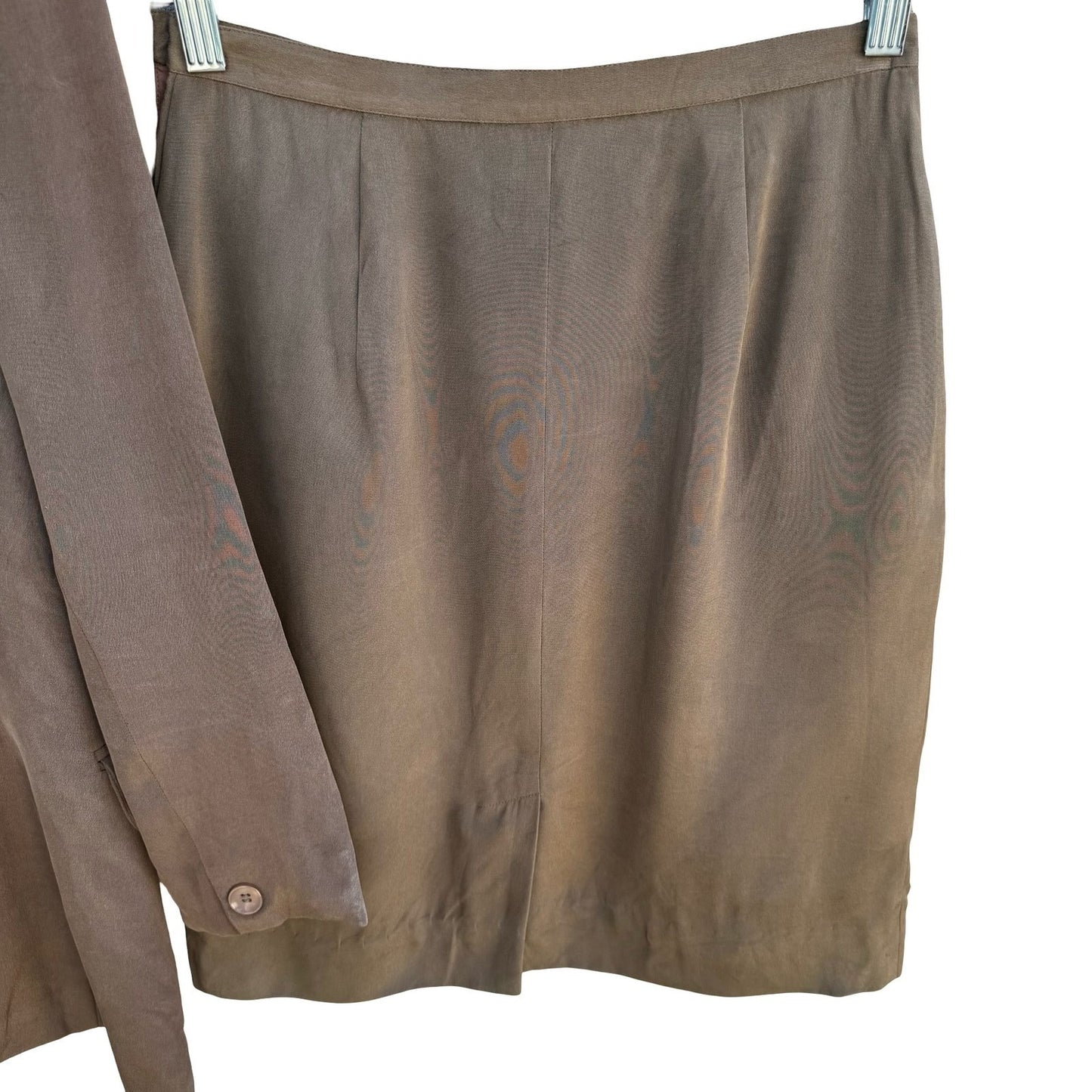 Jones New York Petite 6P Silk Skirt Suit Set Taupe Brown Collarless Blazer Mini