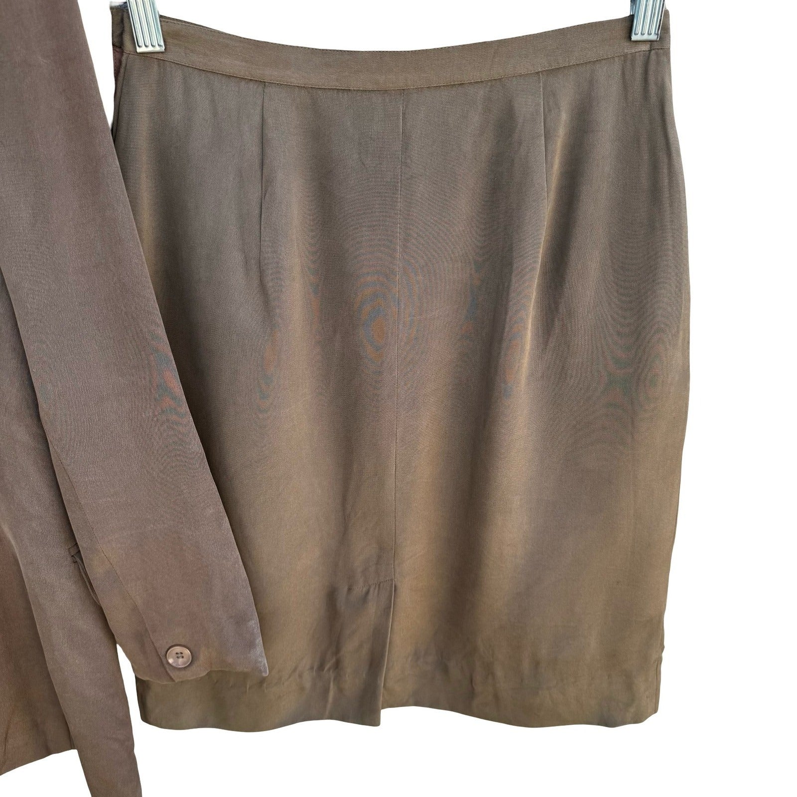 Jones New York Petite 6P Silk Skirt Suit Set Taupe Brown Collarless Blazer Mini