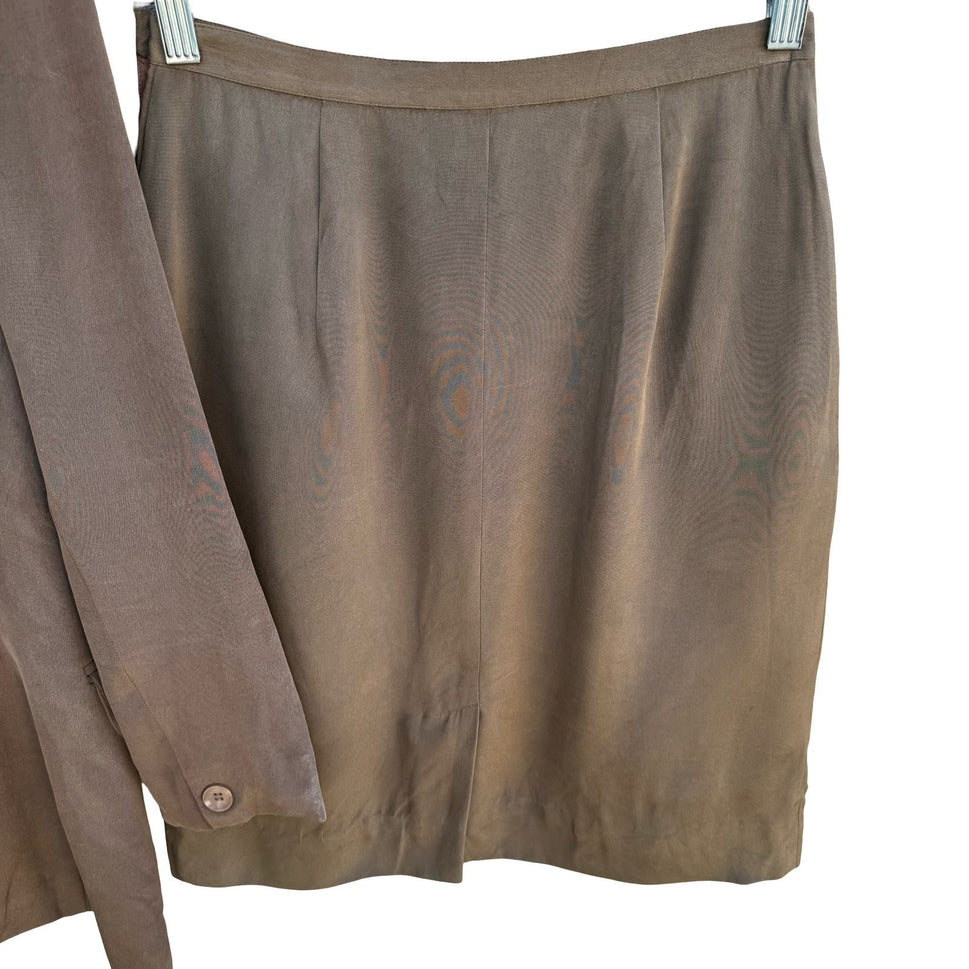 Jones New York Petite 6P Silk Skirt Suit Set Taupe Brown Collarless Blazer Mini