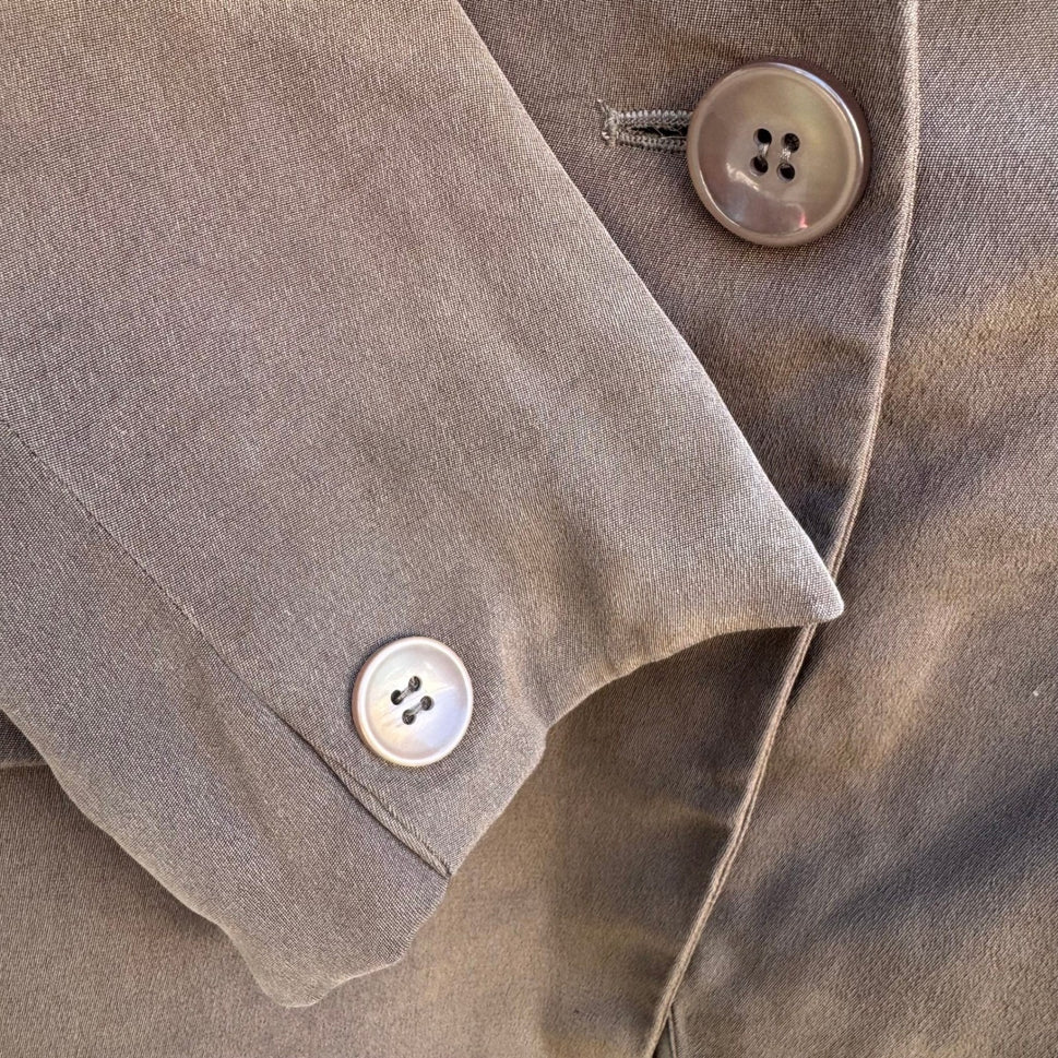 Jones New York Petite 6P Silk Skirt Suit Set Taupe Brown Collarless Blazer Mini