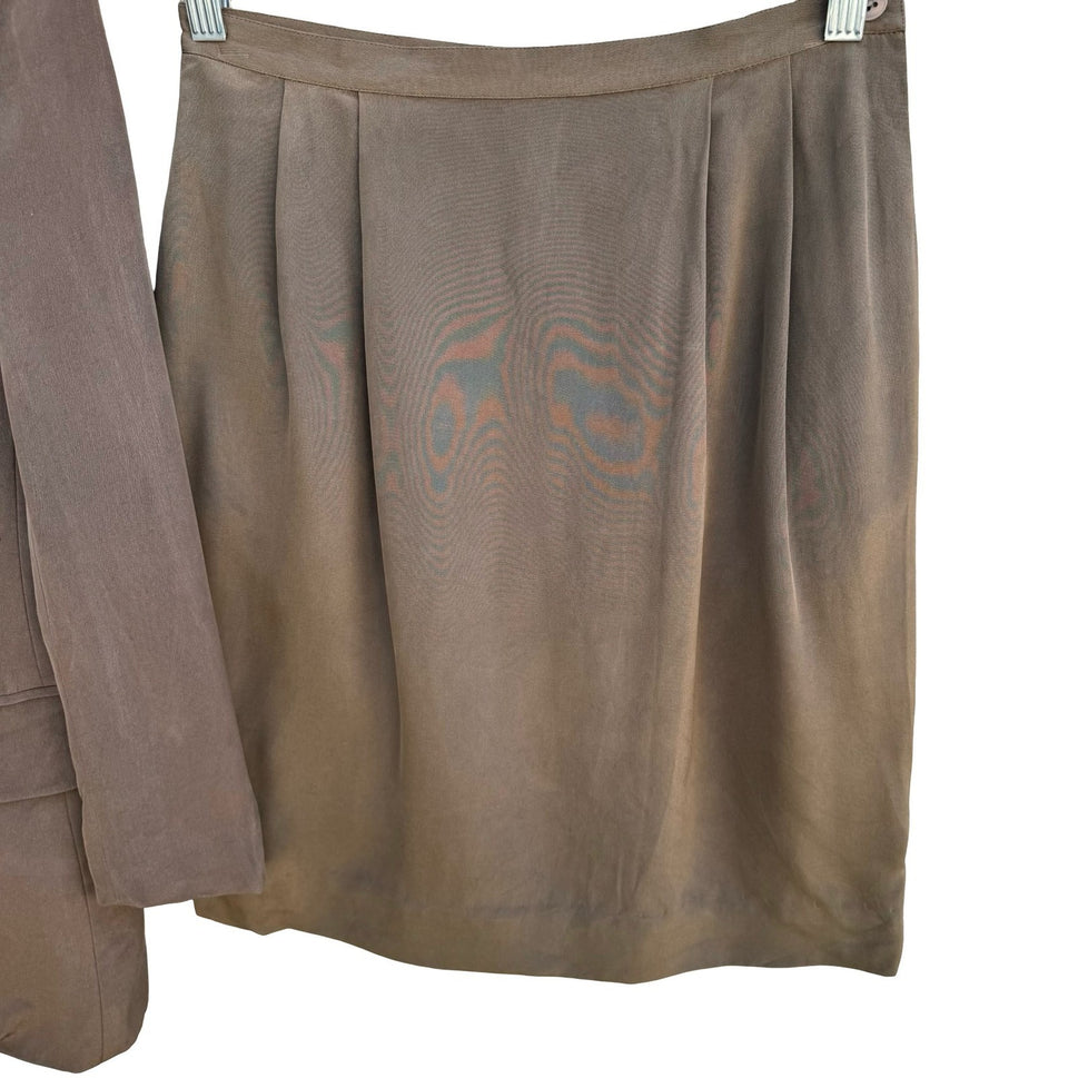 Jones New York Petite 6P Silk Skirt Suit Set Taupe Brown Collarless Blazer Mini