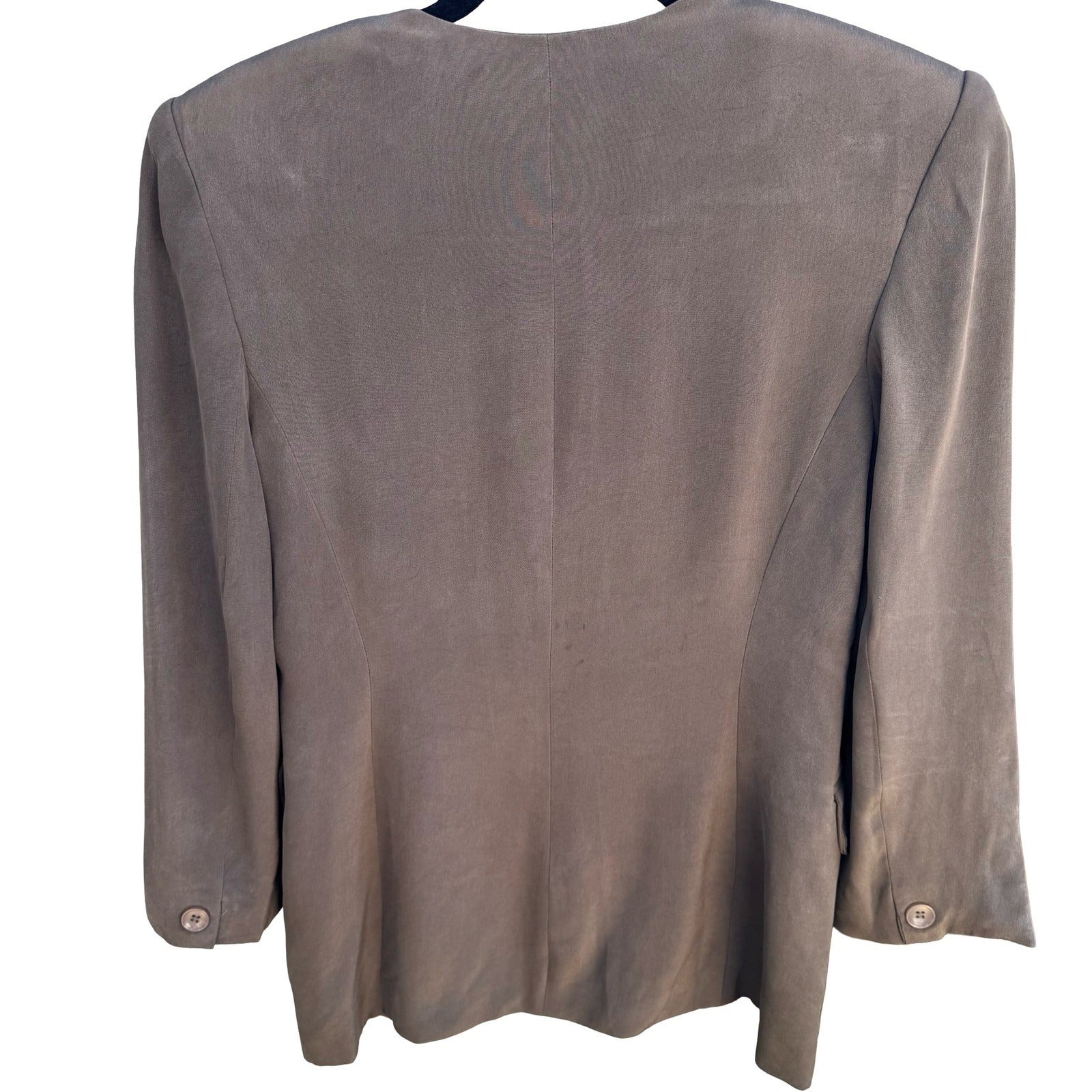 Jones New York Petite 6P Silk Skirt Suit Set Taupe Brown Collarless Blazer Mini