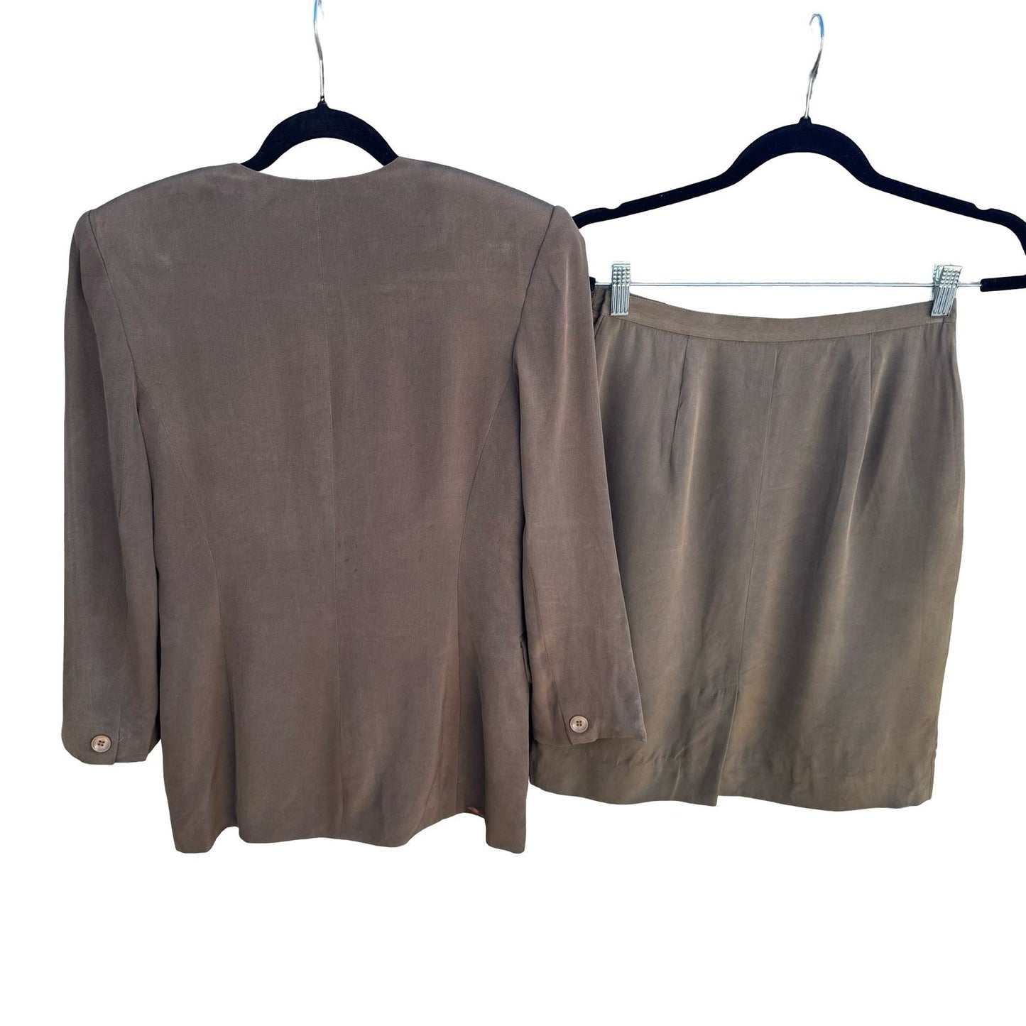 Jones New York Petite 6P Silk Skirt Suit Set Taupe Brown Collarless Blazer Mini