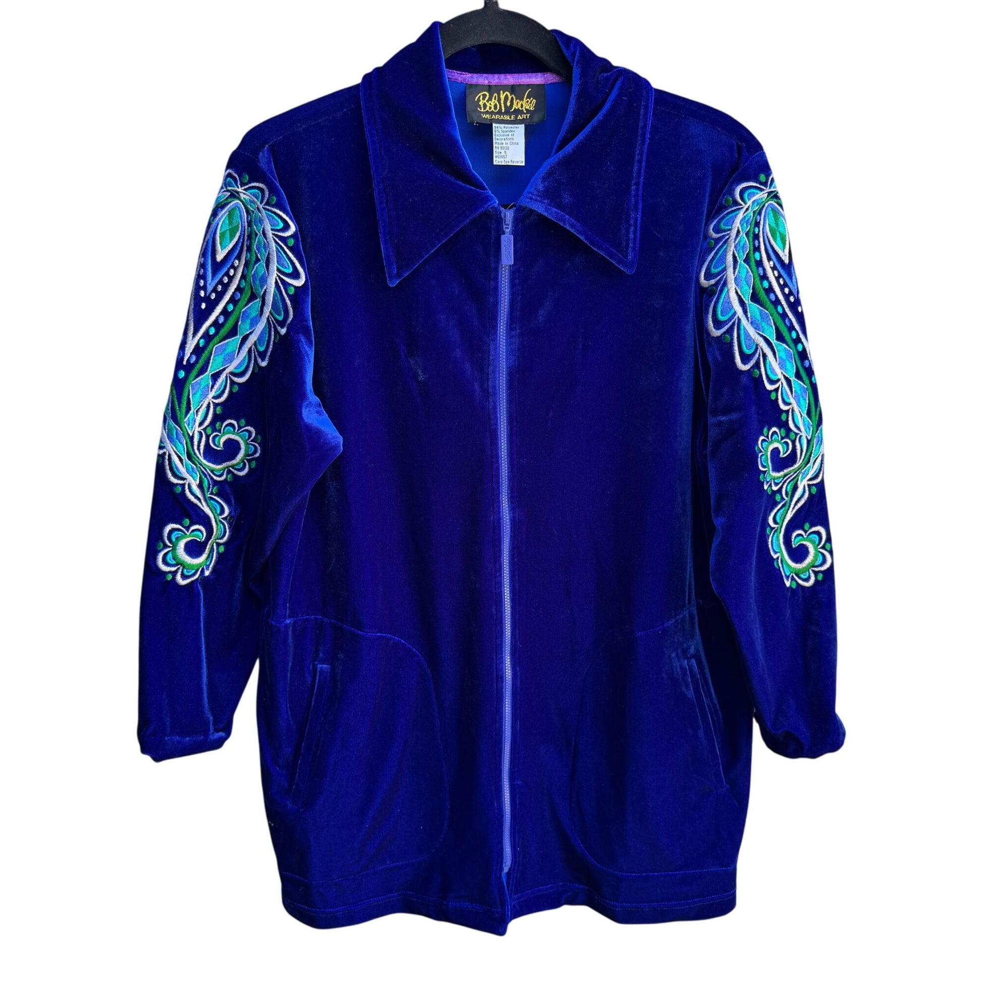 Bob Mackie Wearable Art Vintage Womens Retro Blue Embroidered Velvet Zip Jacket S