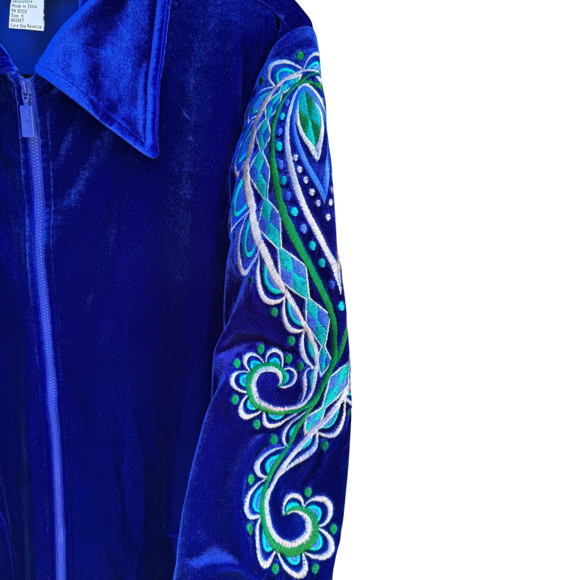 Bob Mackie Wearable Art Vintage Womens Retro Blue Embroidered Velvet Zip Jacket S