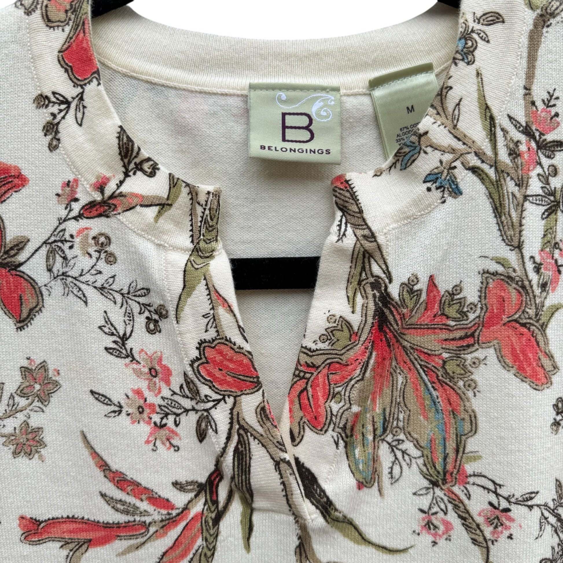 Belongings Floral Print Womens 3/4 Sleeve Knit Split Neck Multicolor Shirt Top M