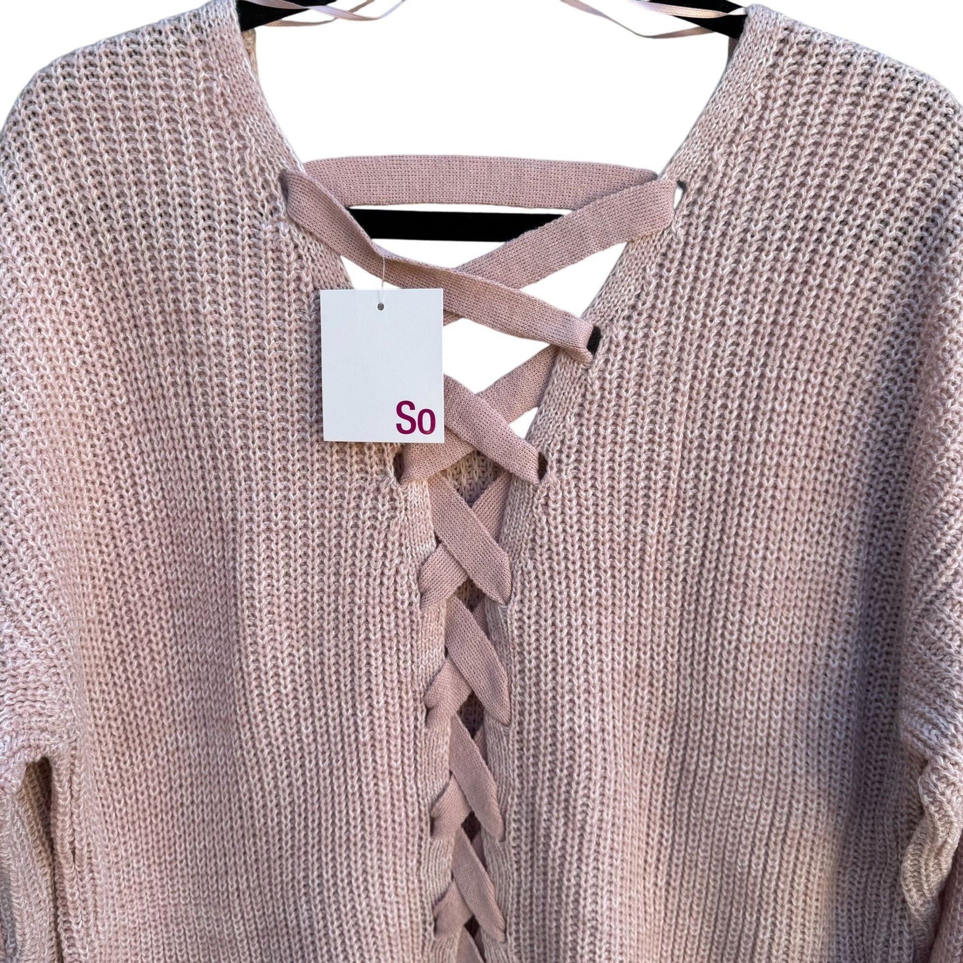 So Womens Pink Lace-Up Back Chunky Knit Pullover Long Sleeve Tunic Sweater New XL