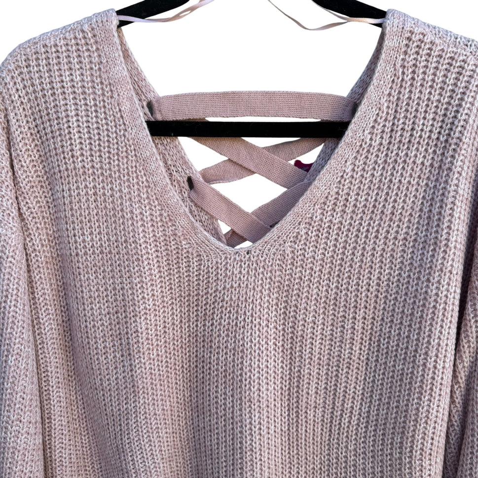 So Womens Pink Lace-Up Back Chunky Knit Pullover Long Sleeve Tunic Sweater New XL