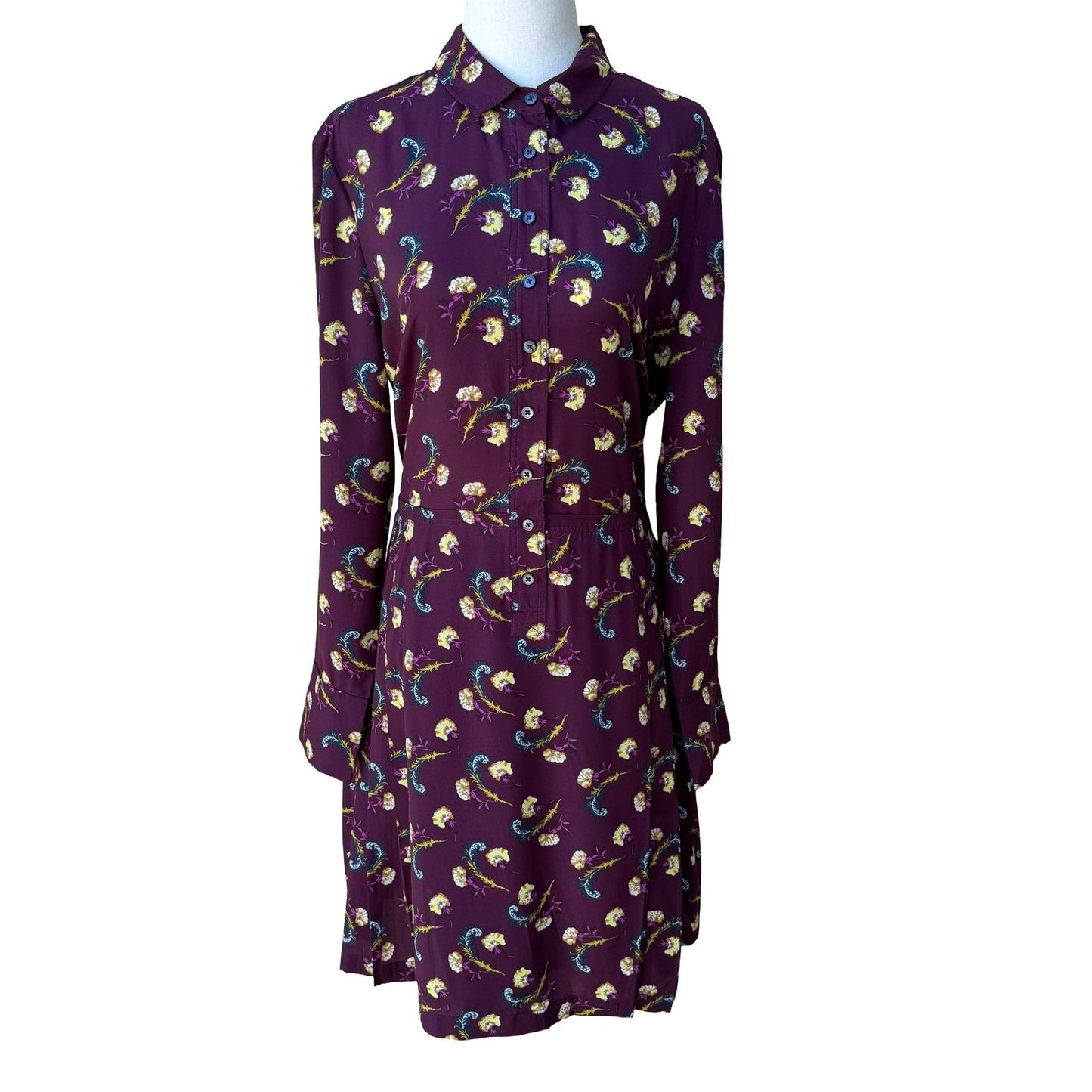 Banana Republic Dark Floral Preppy Mod Whimsigoth Pleated Shirt Dress Plum 10