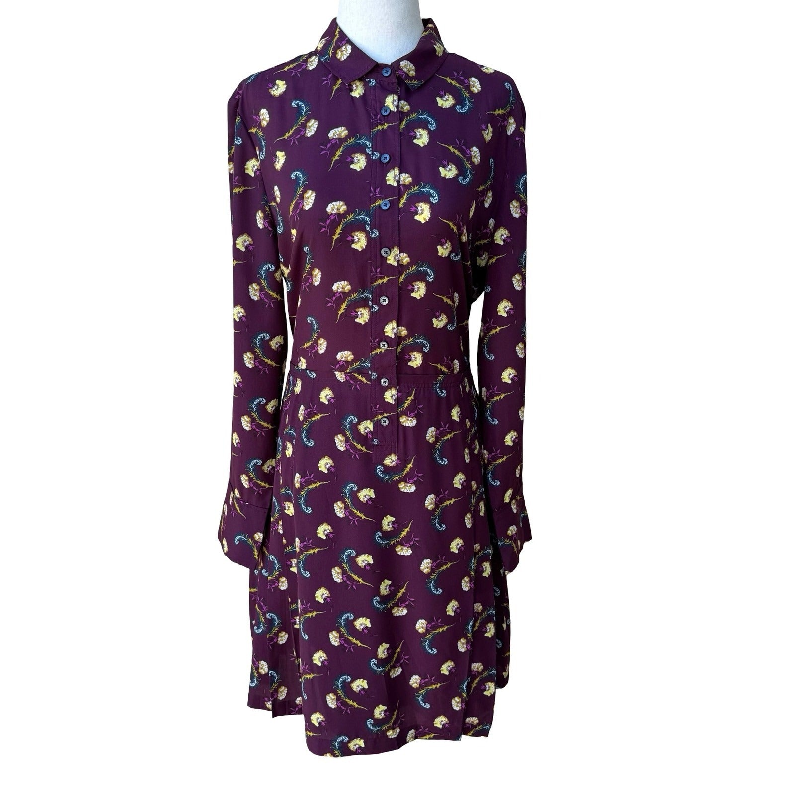 Banana Republic Dark Floral Preppy Mod Whimsigoth Pleated Shirt Dress Plum 10