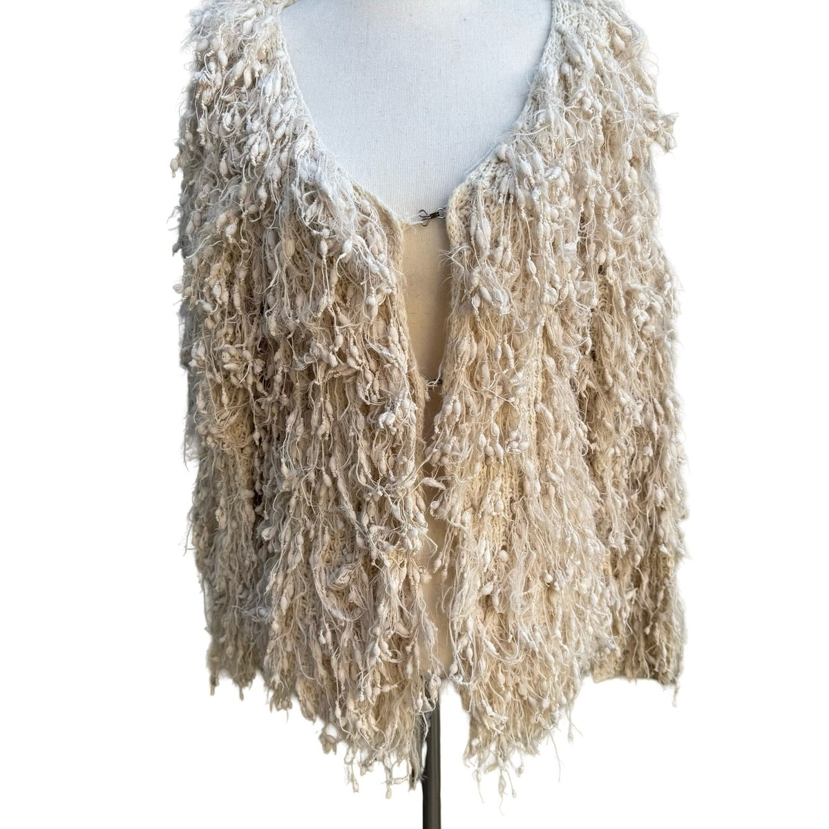 Renee C Shaggy Eyelash Knit Boho Festival Whimsigoth Popcorn Cardigan Ivory S