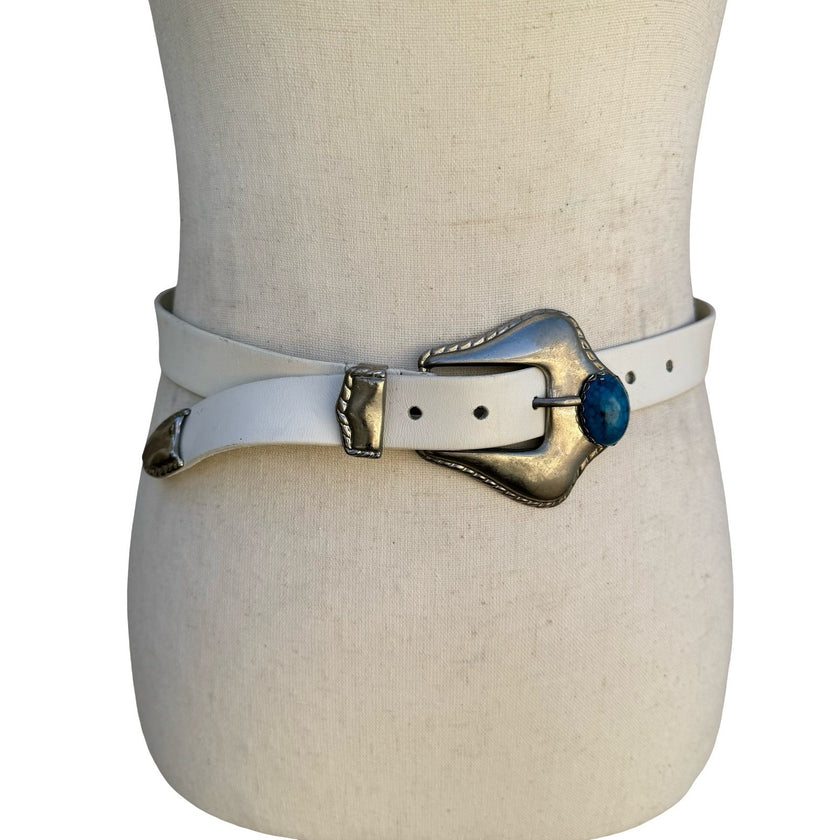 Revcor Vintage White Leather Western Belt Silver Turquoise Buckle Cowgirl Rustic