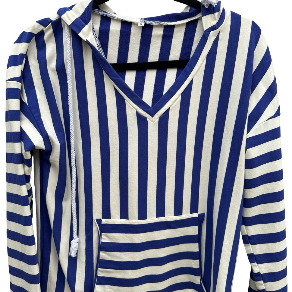 Nautical Sailor Blue White Striped Beachy French Girl Preppy Seaside Hoodie S