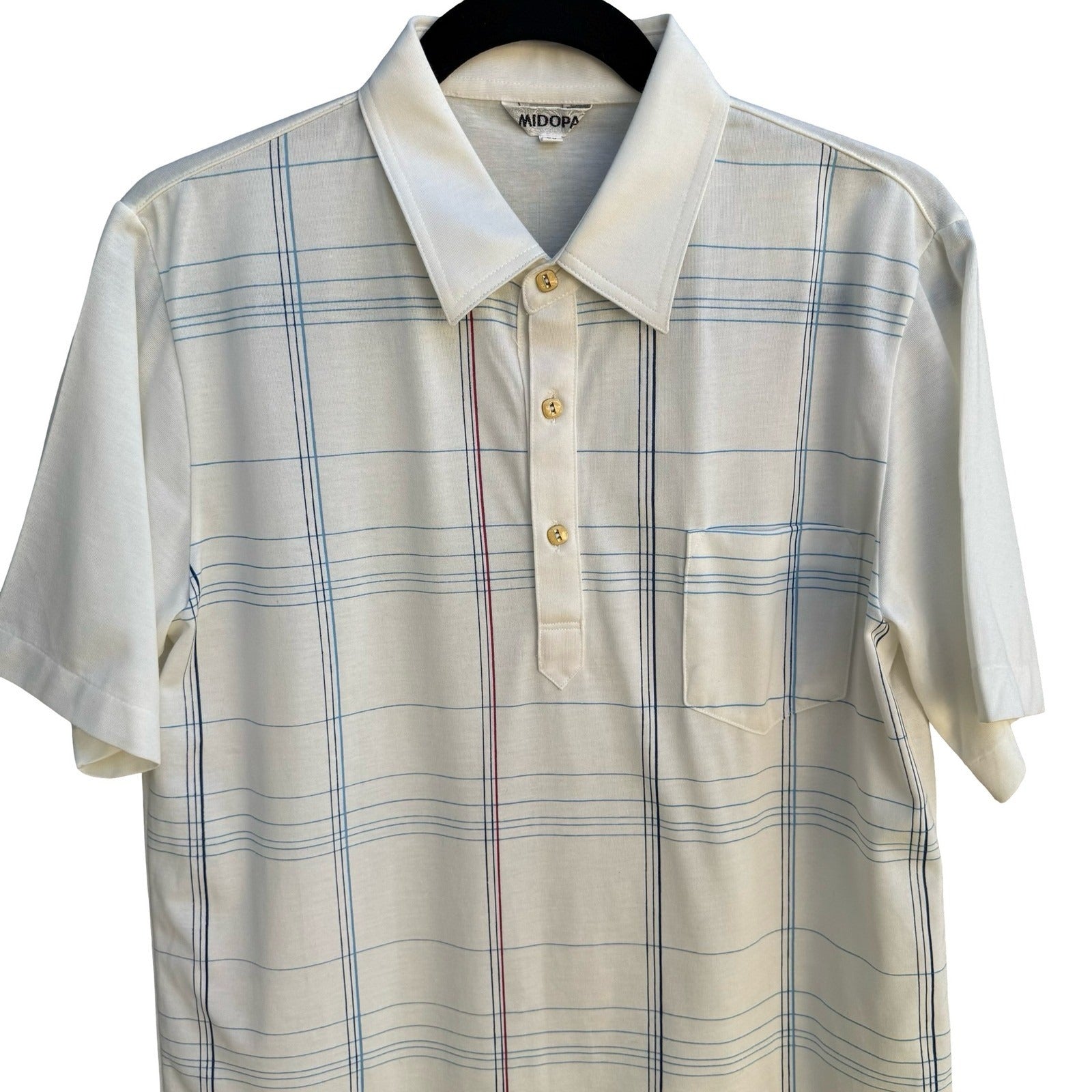 Midopa Korean Vintage 70s 80s Preppy Windowpane Plaid Knit Polo Shirt Mens M