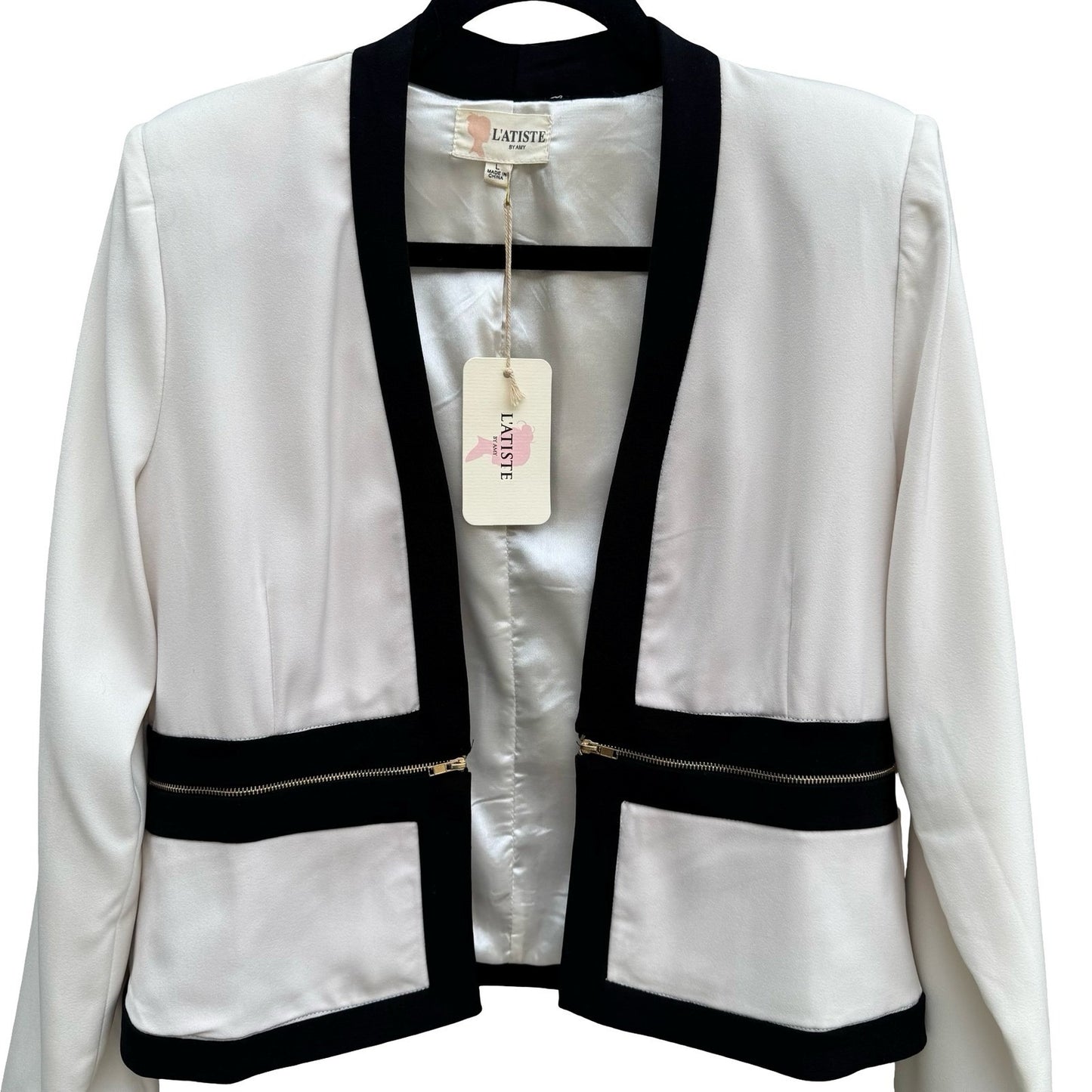 L'Atiste Amy Colorblock Open Front Zipper Tailored Blazer L NEW Professional