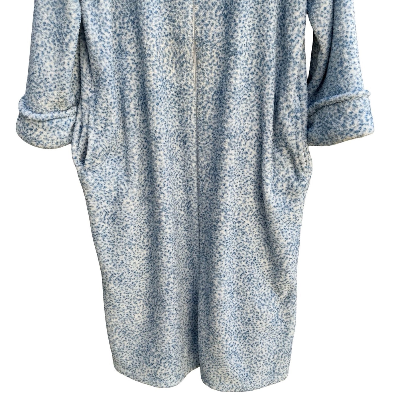 Oscar de la Renta Blue White Fleece Full Zip Robe Pockets L/XL Luxury Loungewear
