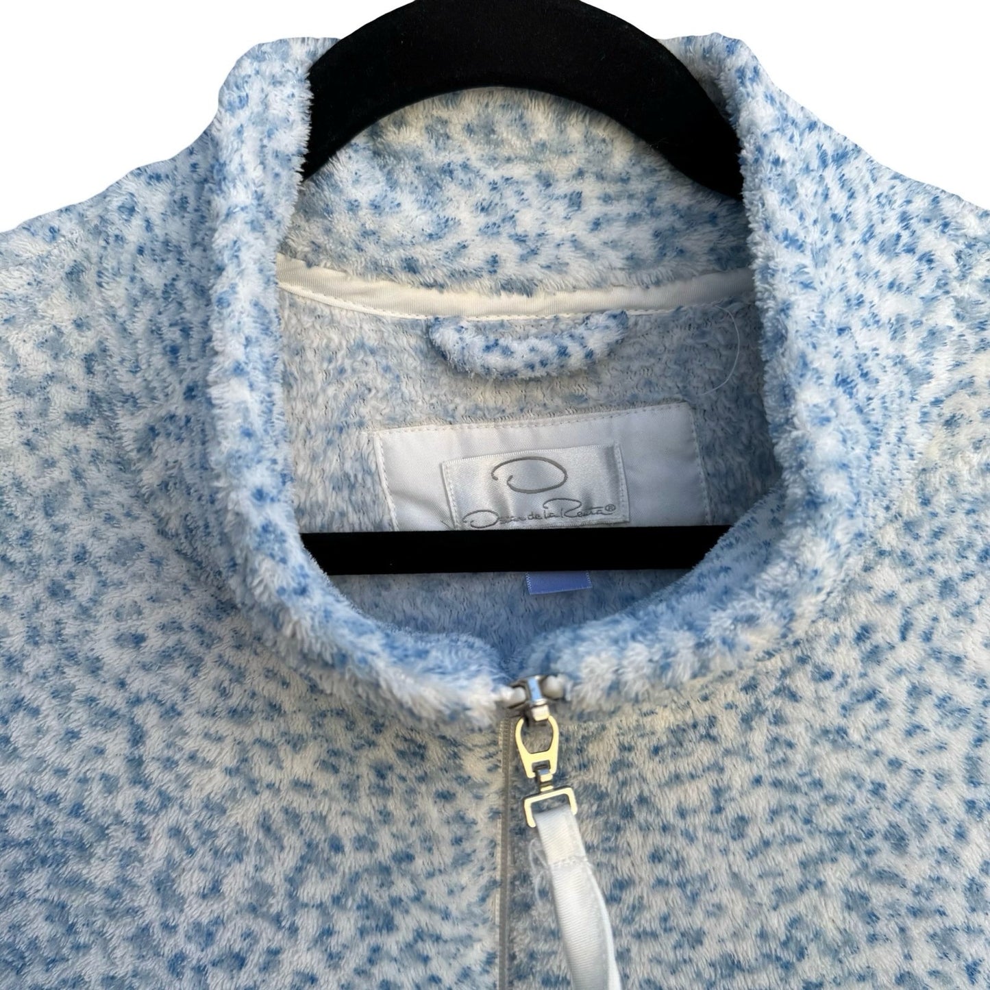 Oscar de la Renta Blue White Fleece Full Zip Robe Pockets L/XL Luxury Loungewear