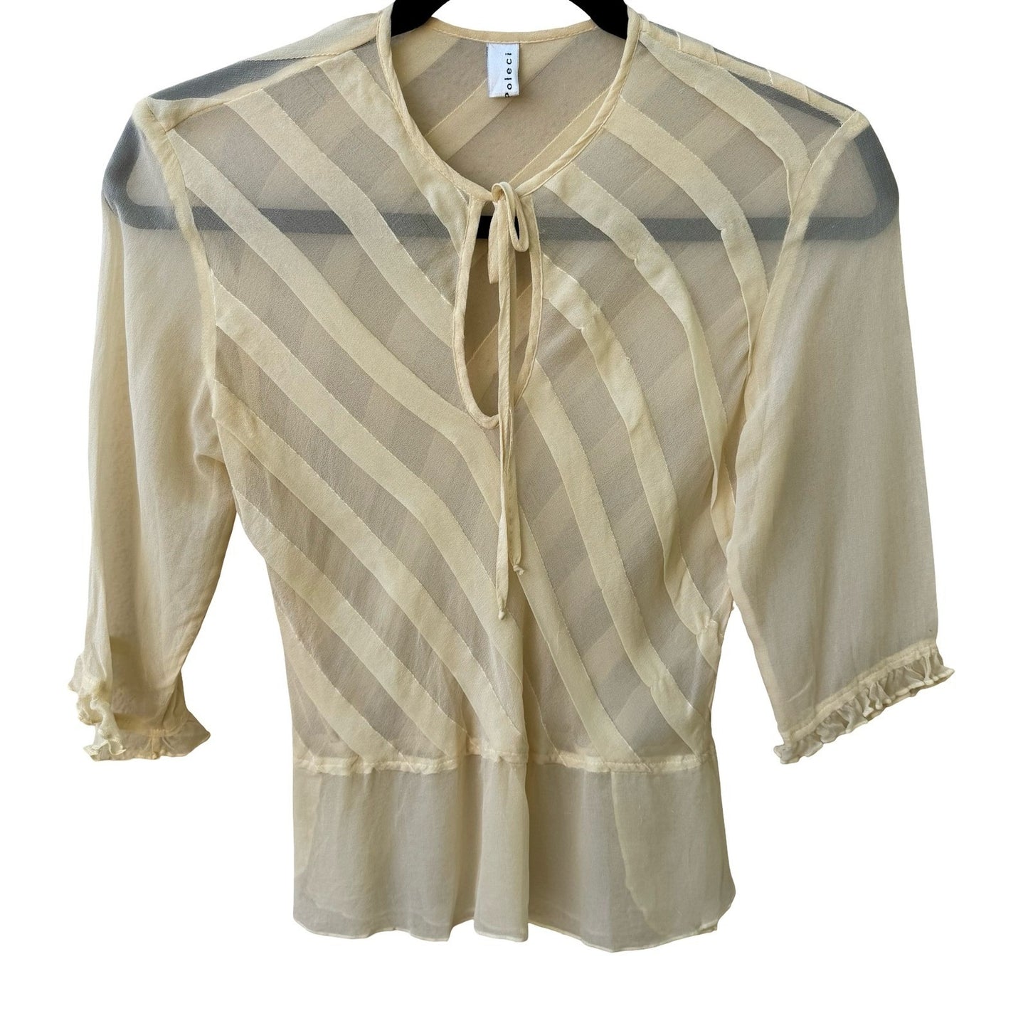 Poleci Silk Sheer Butter Yellow Diagonal Stripe Tie Blouse Ruffle 3/4 Sleeve m
