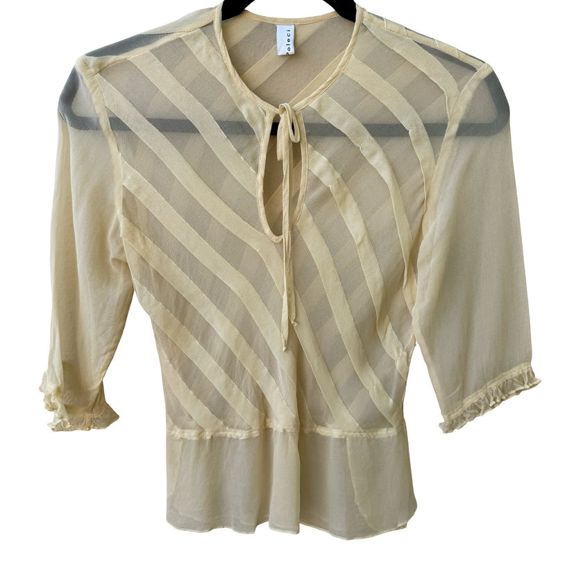 Poleci Silk Sheer Butter Yellow Diagonal Stripe Tie Blouse Ruffle 3/4 Sleeve m